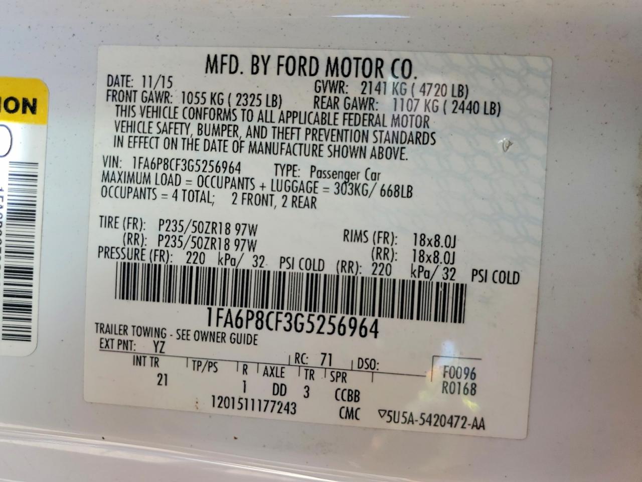 2016 Ford Mustang Gt White vin: 1FA6P8CF3G5256964