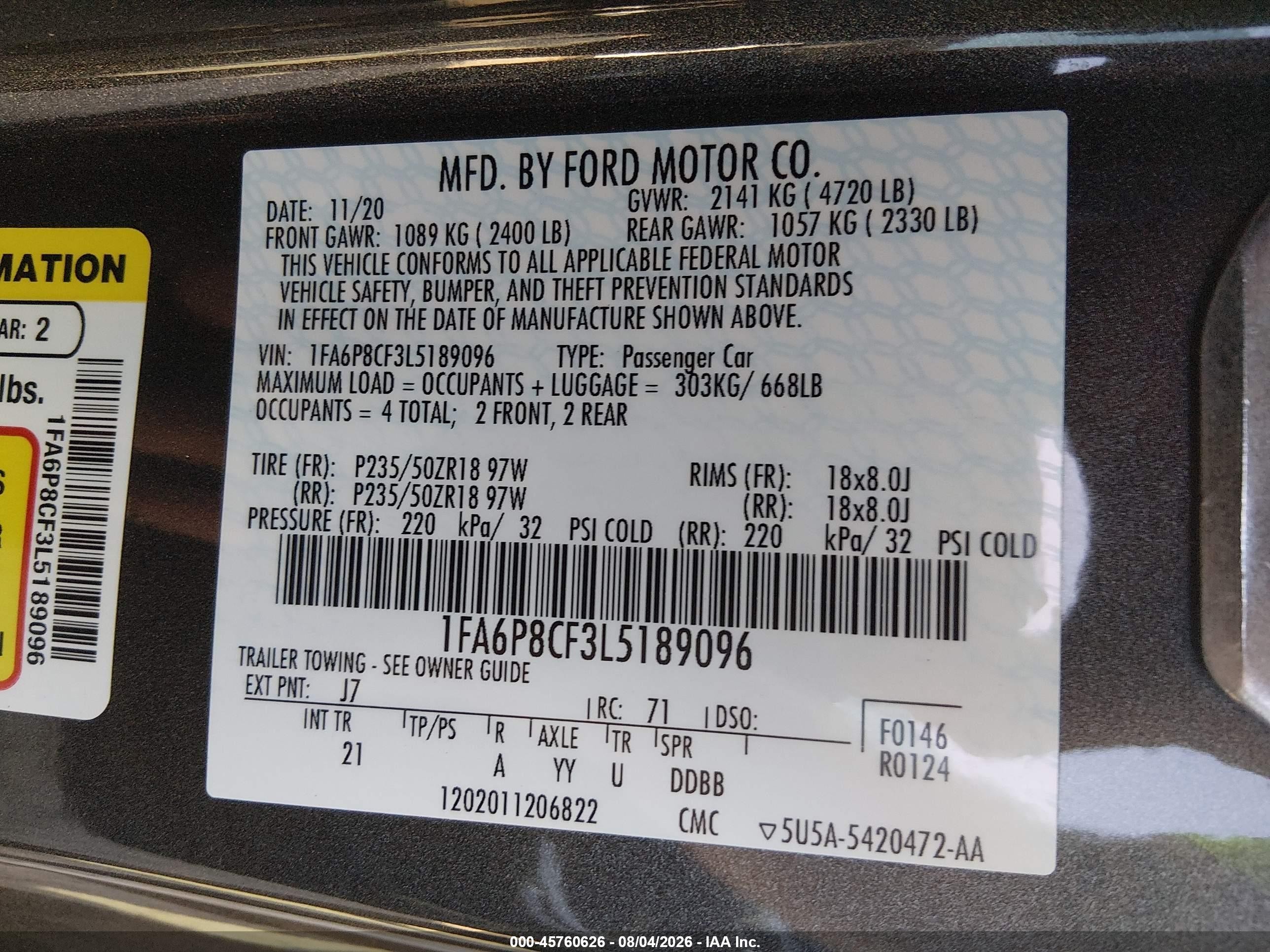 2020 Ford Mustang Gt Fastback Gray vin: 1FA6P8CF3L5189096