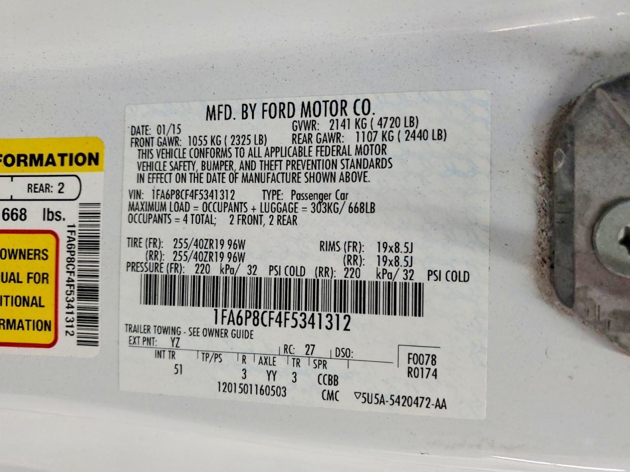 2015 Ford Mustang Gt White vin: 1FA6P8CF4F5341312