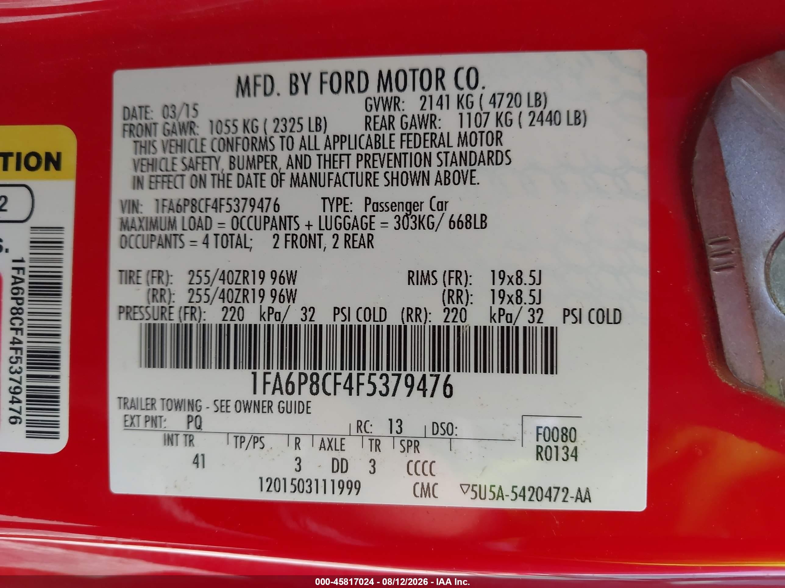 2015 Ford Mustang Gt Premium Red vin: 1FA6P8CF4F5379476
