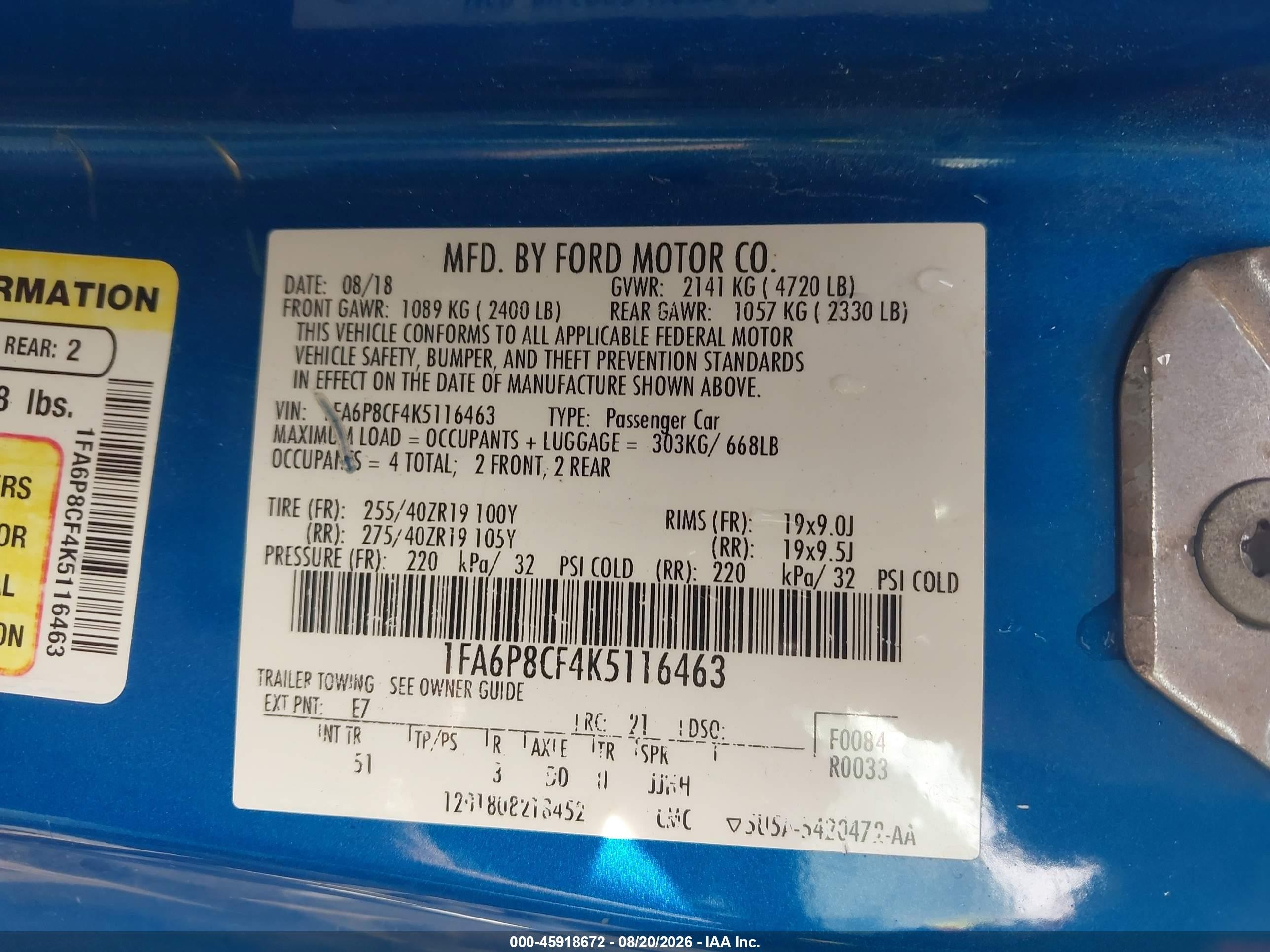 2019 Ford Mustang Gt Premium Blue vin: 1FA6P8CF4K5116463