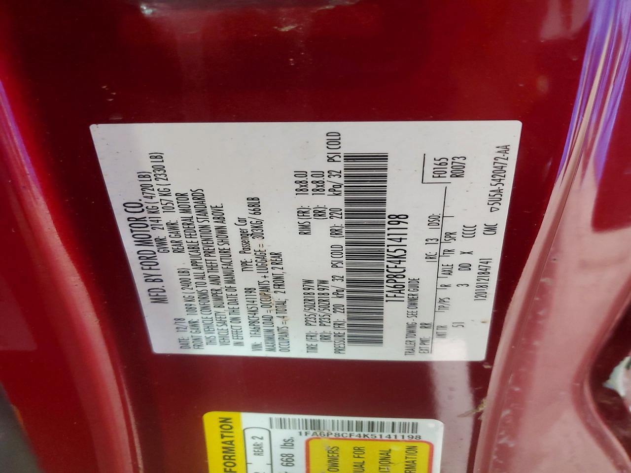 2019 Ford Mustang Gt Burgundy vin: 1FA6P8CF4K5141198