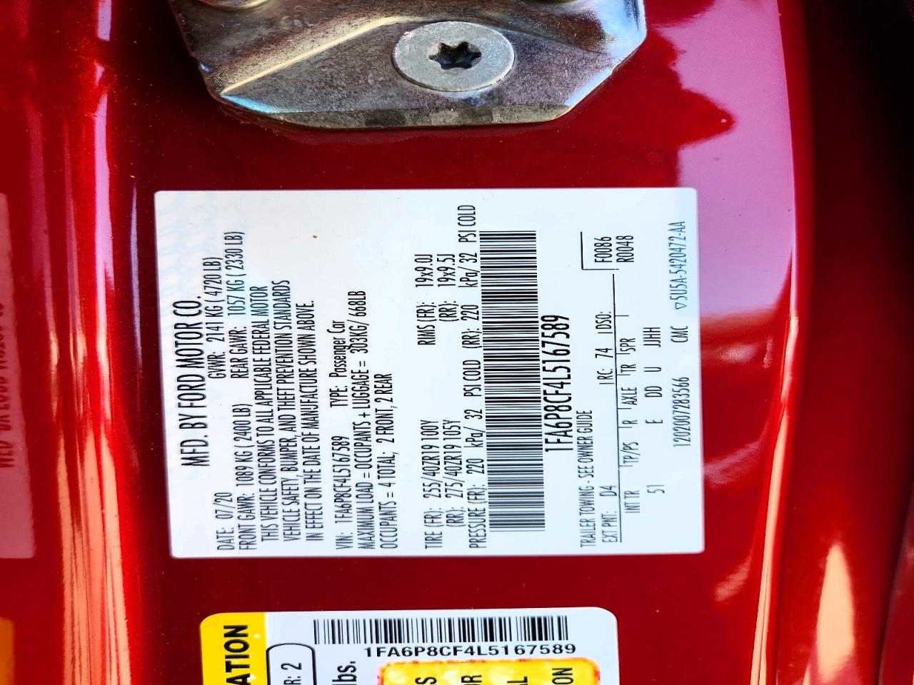 2020 Ford Mustang Gt Red vin: 1FA6P8CF4L5167589