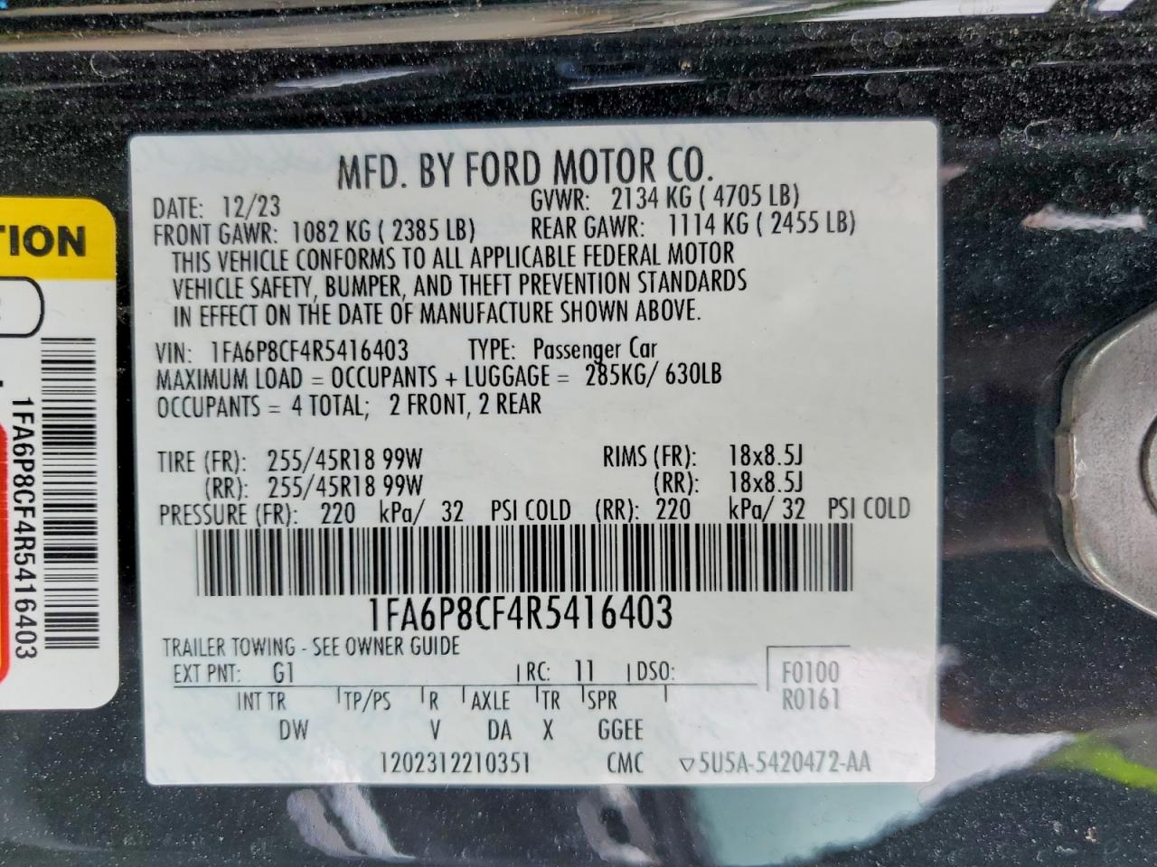 2024 Ford Mustang Gt Черный vin: 1FA6P8CF4R5416403
