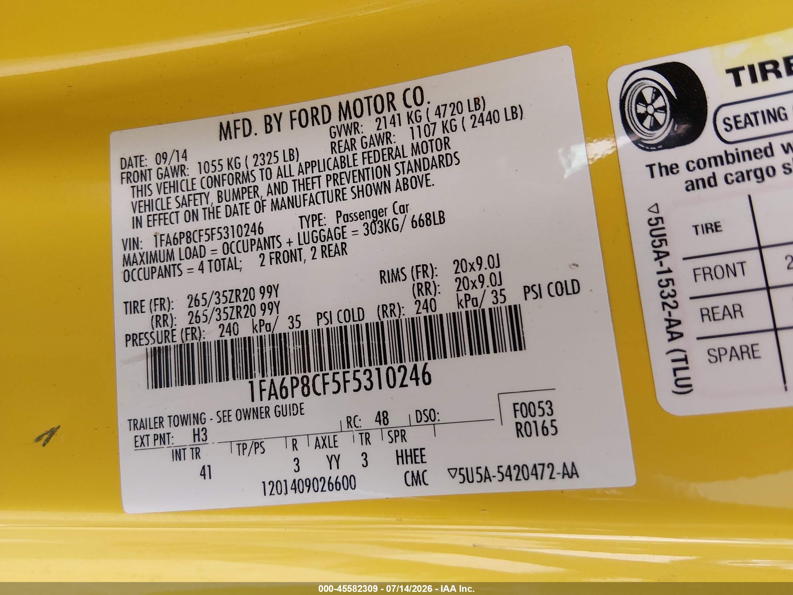 2015 Ford Mustang Gt Premium Yellow vin: 1FA6P8CF5F5310246