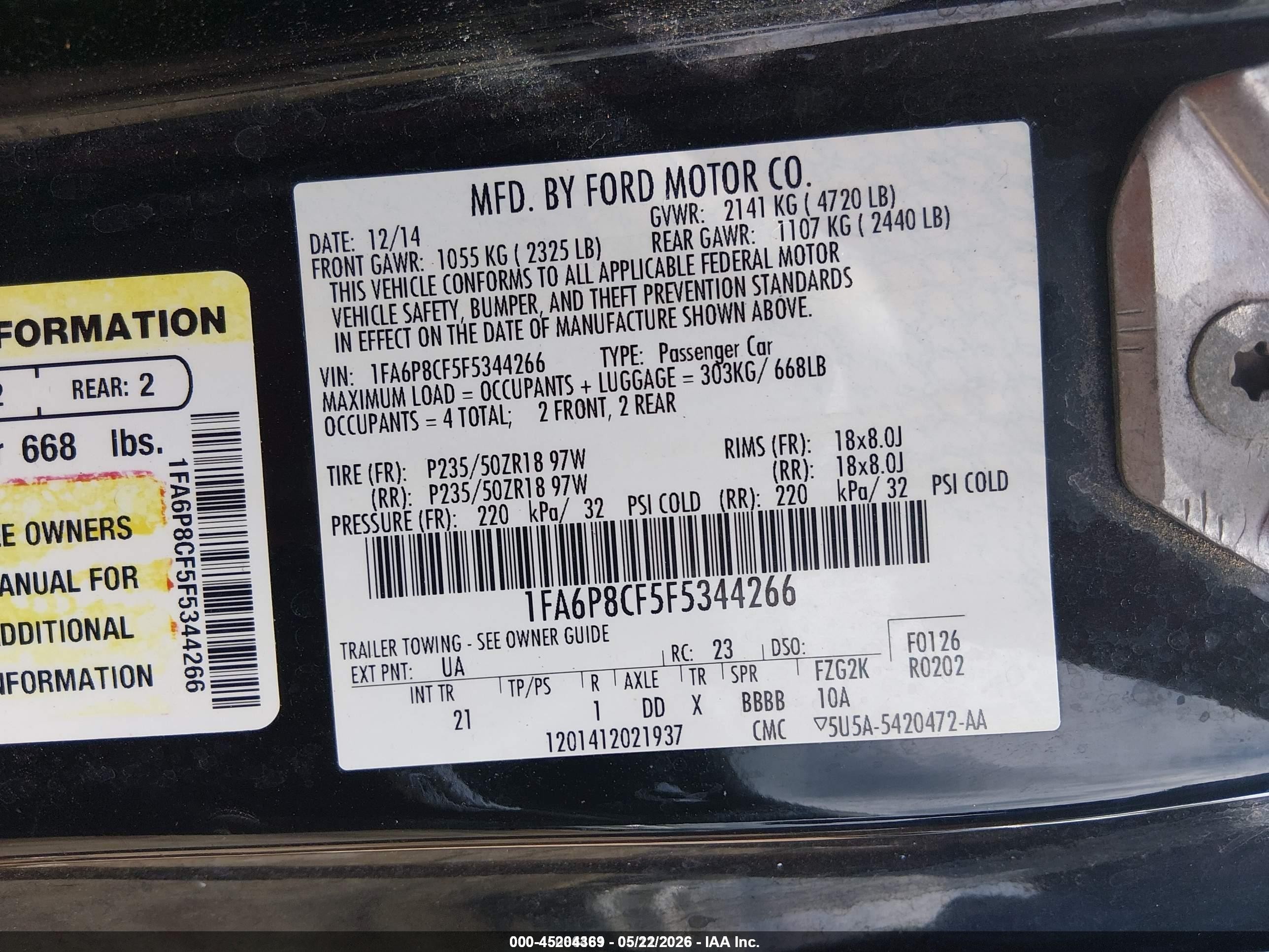 2015 Ford Mustang Gt Black vin: 1FA6P8CF5F5344266
