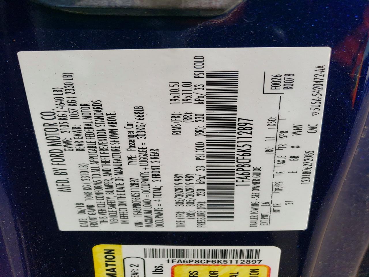2019 Ford Mustang Gt Blue vin: 1FA6P8CF6K5112897