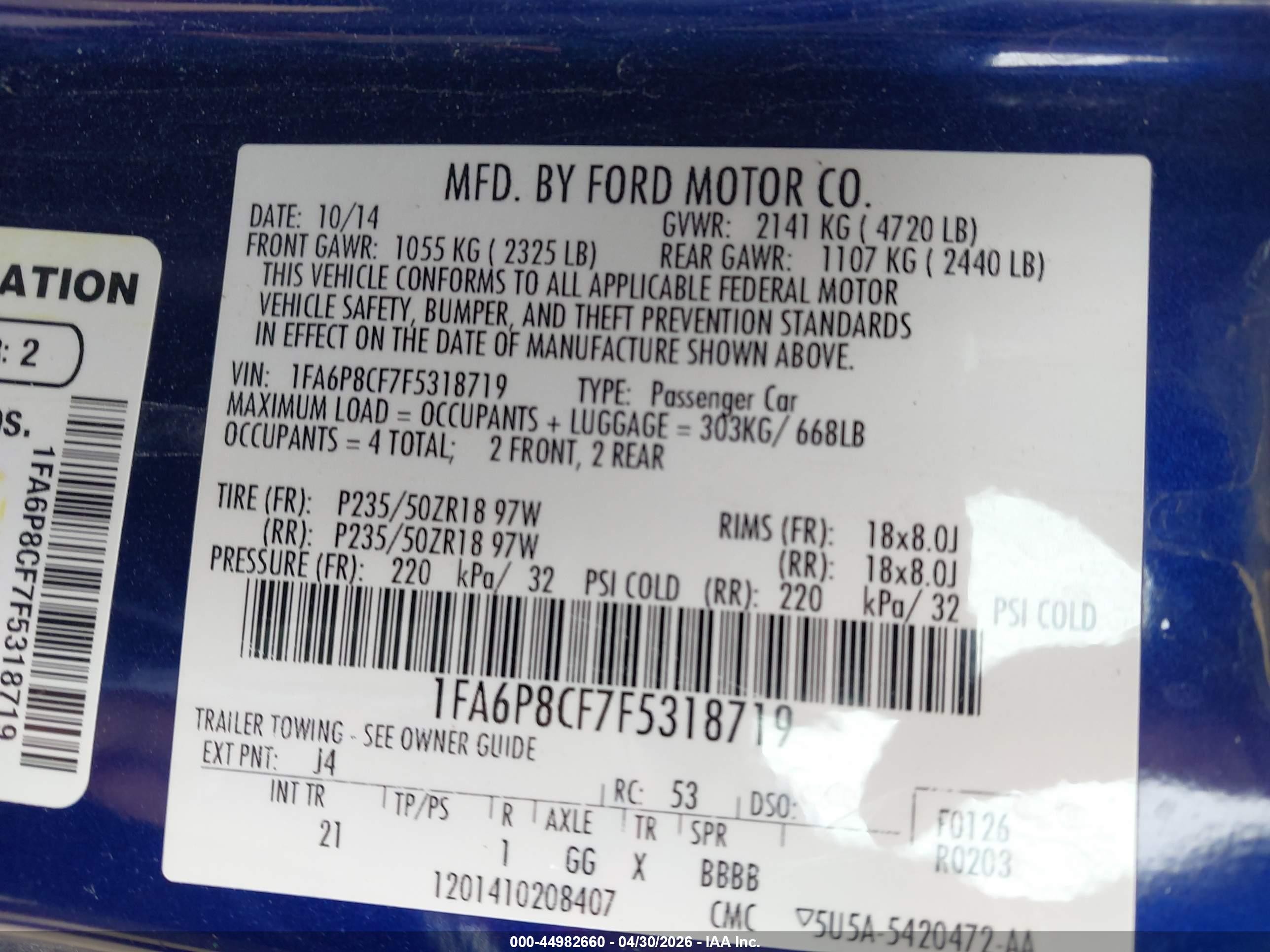 2015 Ford Mustang Gt Blue vin: 1FA6P8CF7F5318719