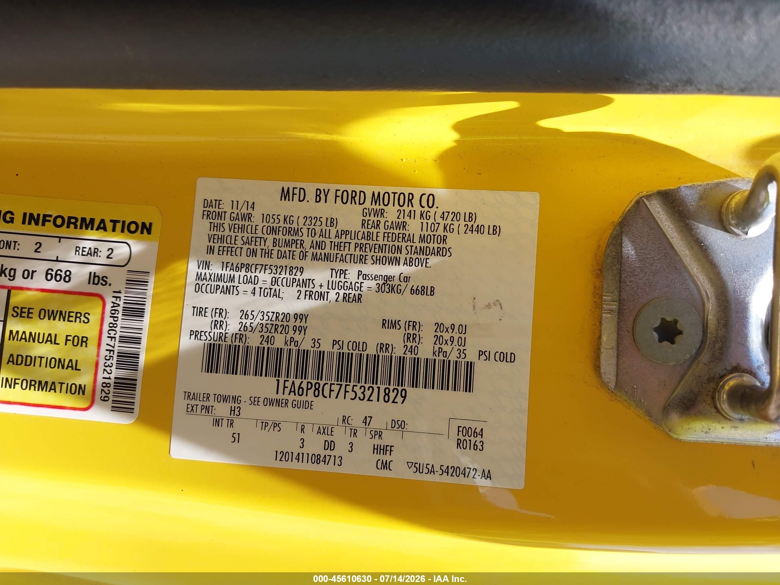 2015 Ford Mustang Gt Premium Yellow vin: 1FA6P8CF7F5321829