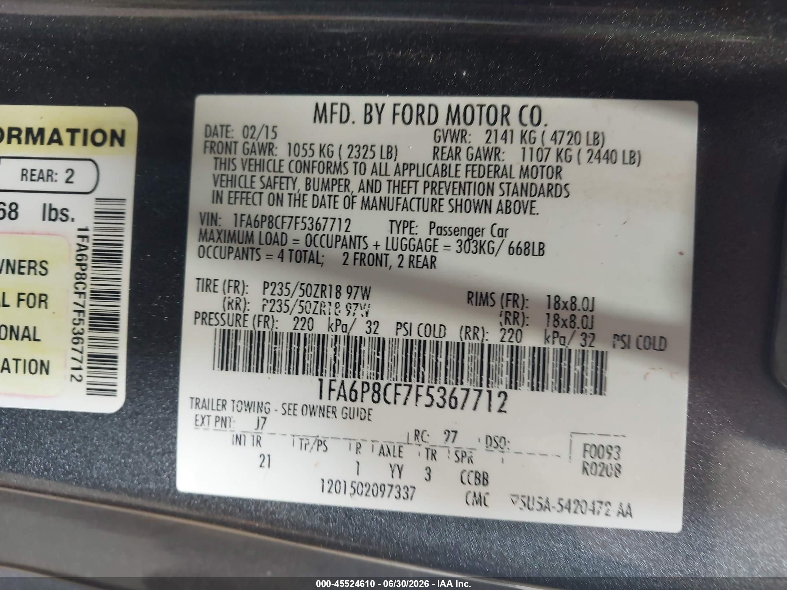 2015 Ford Mustang Gt/gt Premium Gray vin: 1FA6P8CF7F5367712
