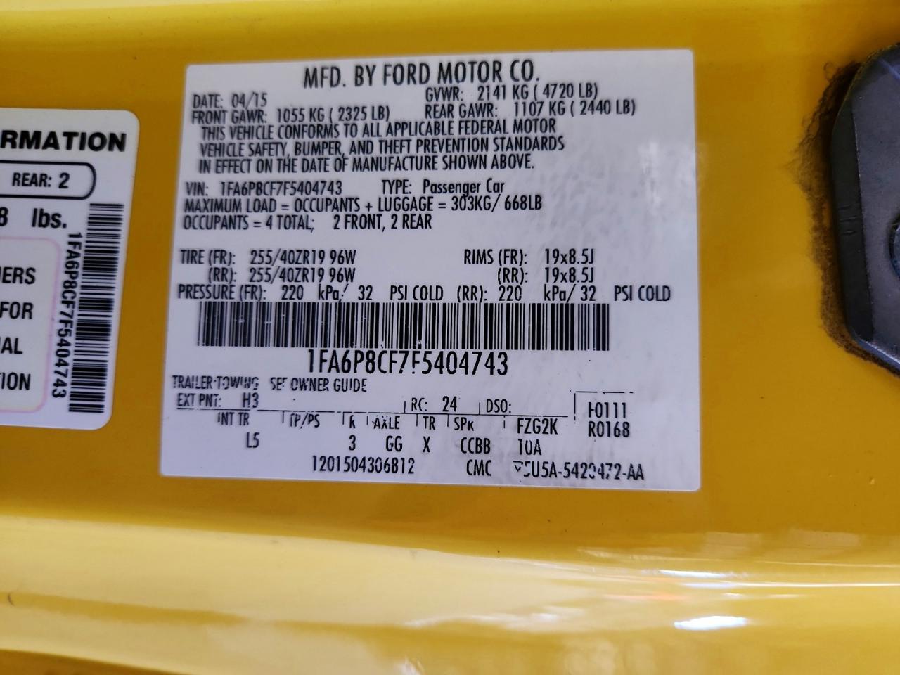 2015 Ford Mustang Gt Yellow vin: 1FA6P8CF7F5404743