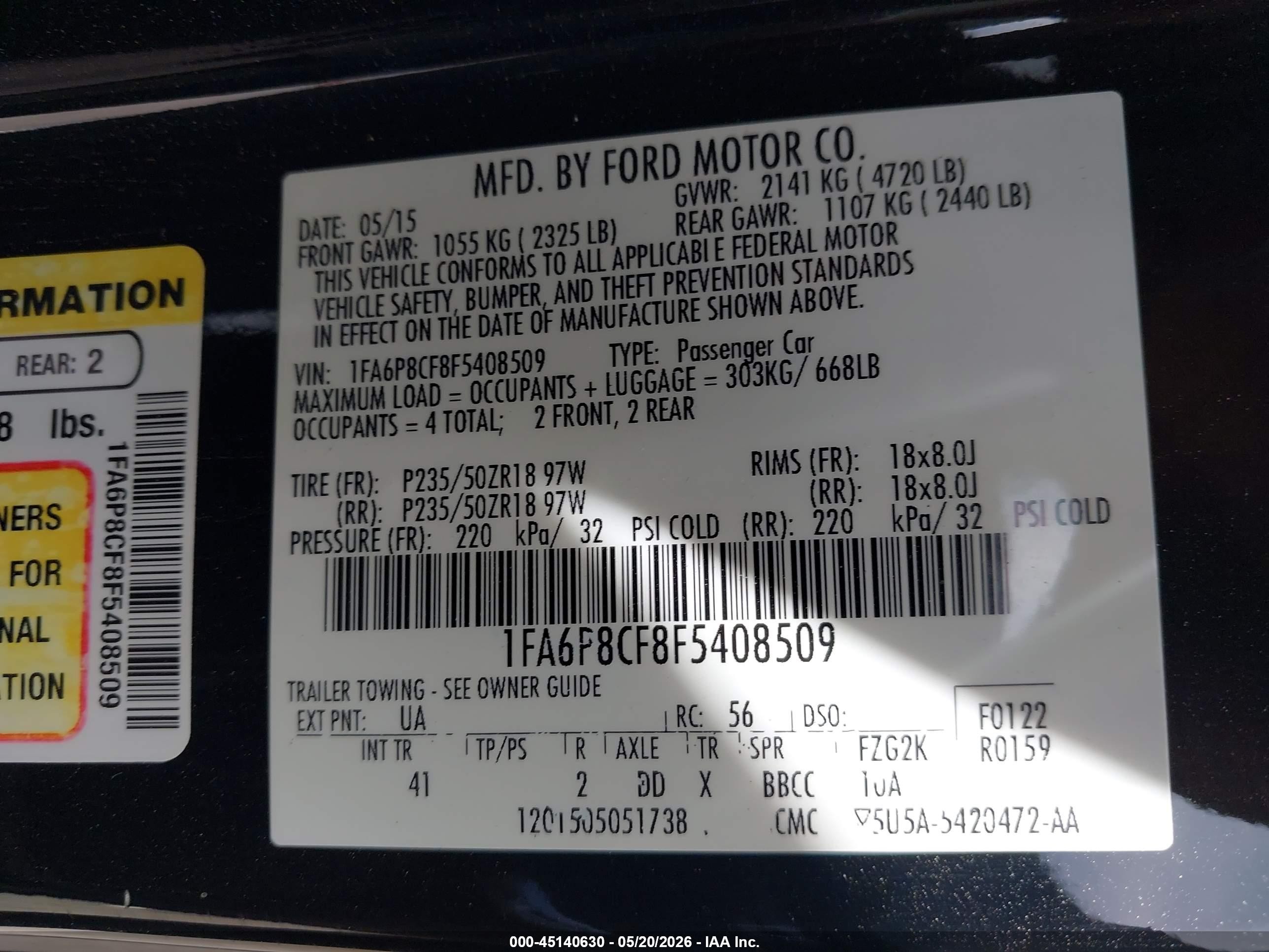 2015 Ford Mustang Gt Premium Black vin: 1FA6P8CF8F5408509