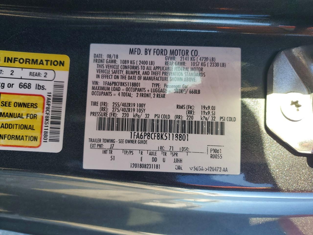 2019 Ford Mustang Gt Угольный vin: 1FA6P8CF8K5118801