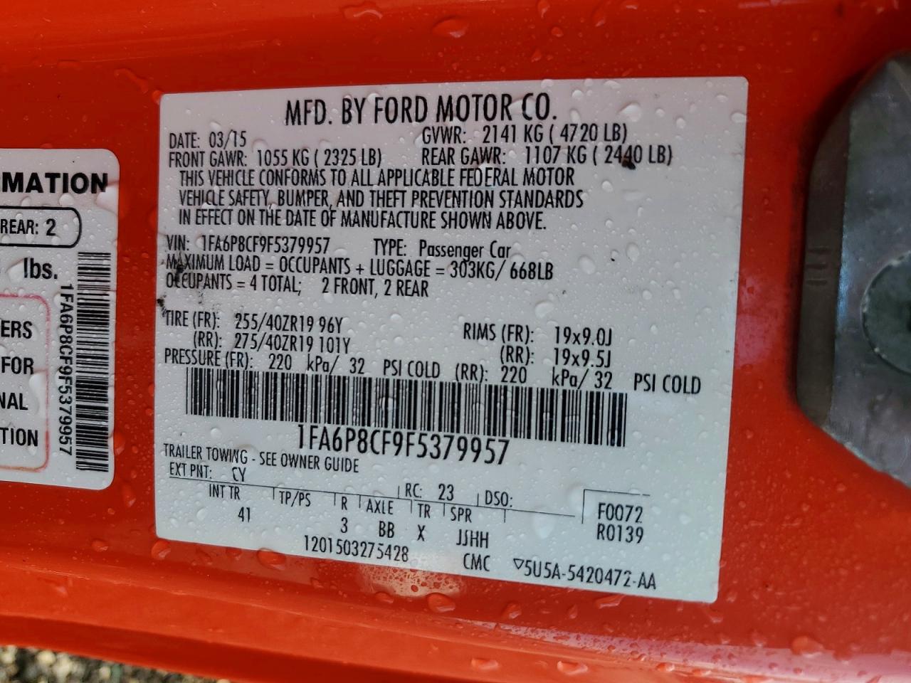 2015 Ford Mustang Gt Orange vin: 1FA6P8CF9F5379957