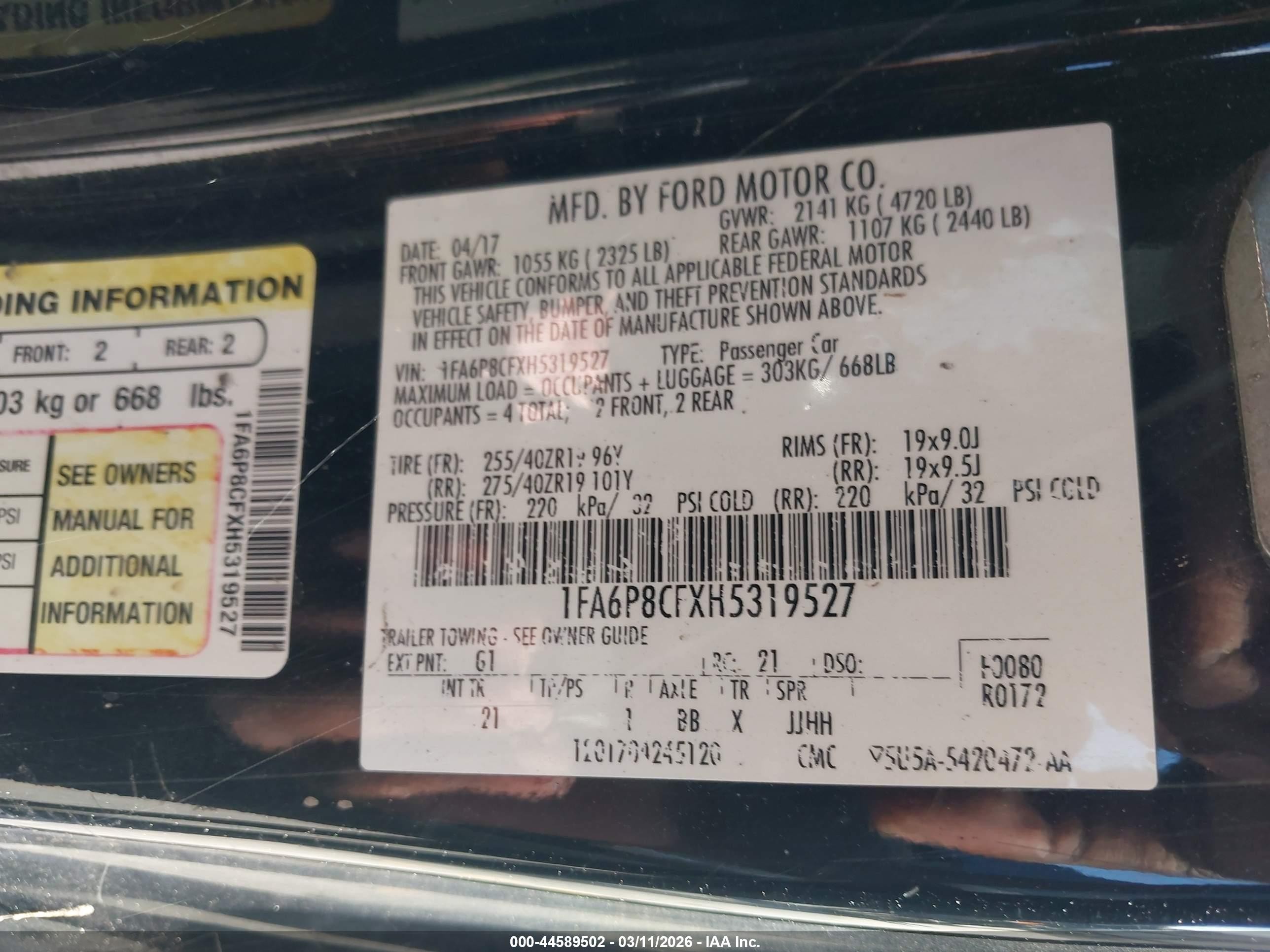2017 Ford Mustang Gt Black vin: 1FA6P8CFXH5319527