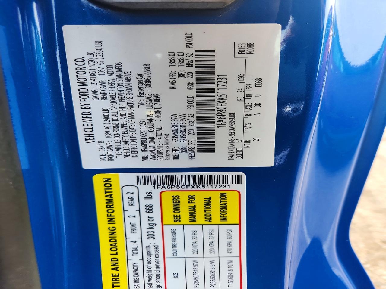2019 Ford Mustang Gt Blue vin: 1FA6P8CFXK5117231