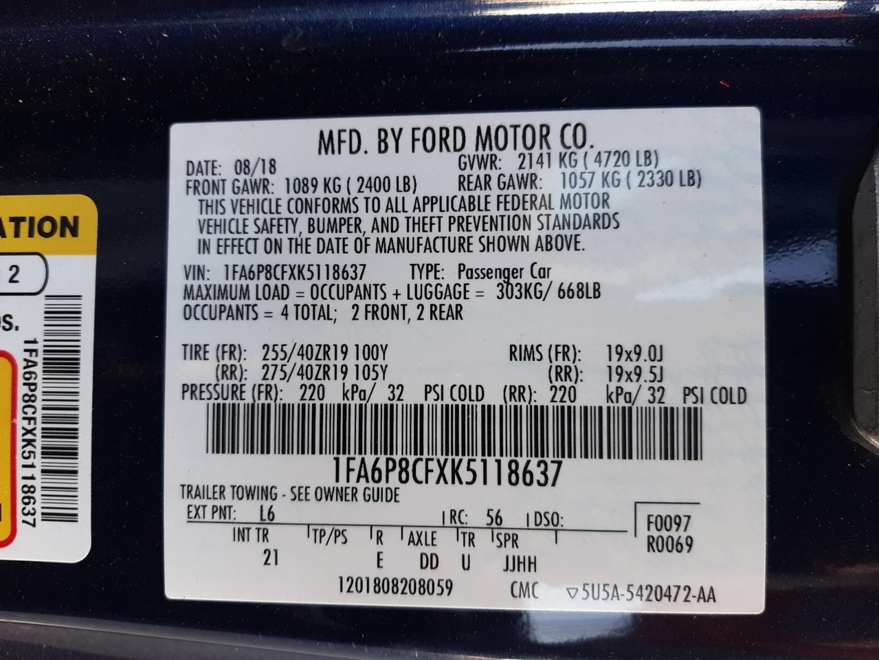Price & History 2019 Ford Mustang Gt 5.0l 8 vin: 1FA6P8CFXK5118637