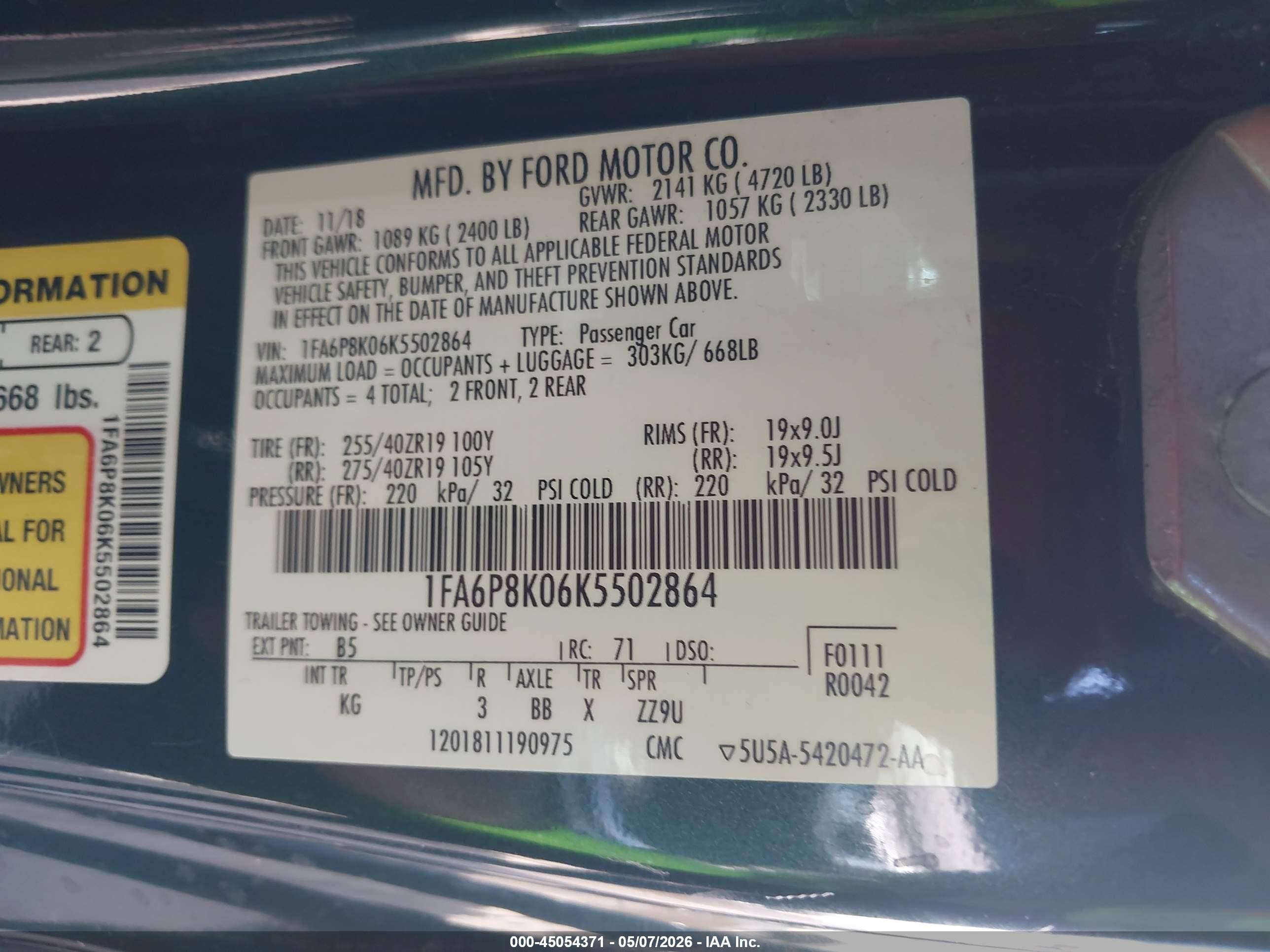 2019 Ford Mustang Bullitt Green vin: 1FA6P8K06K5502864