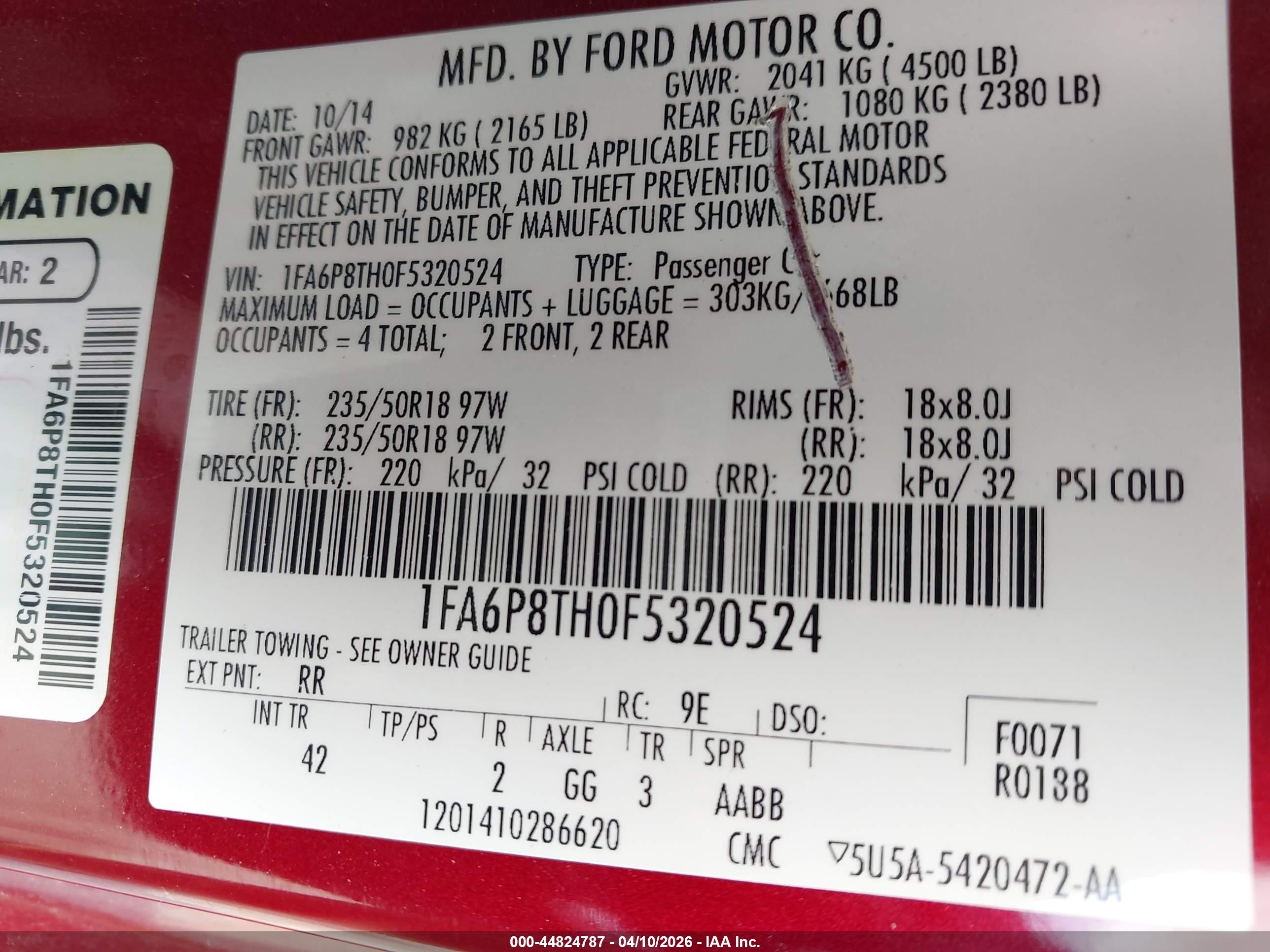 2015 Ford Mustang Ecoboost Red vin: 1FA6P8TH0F5320524