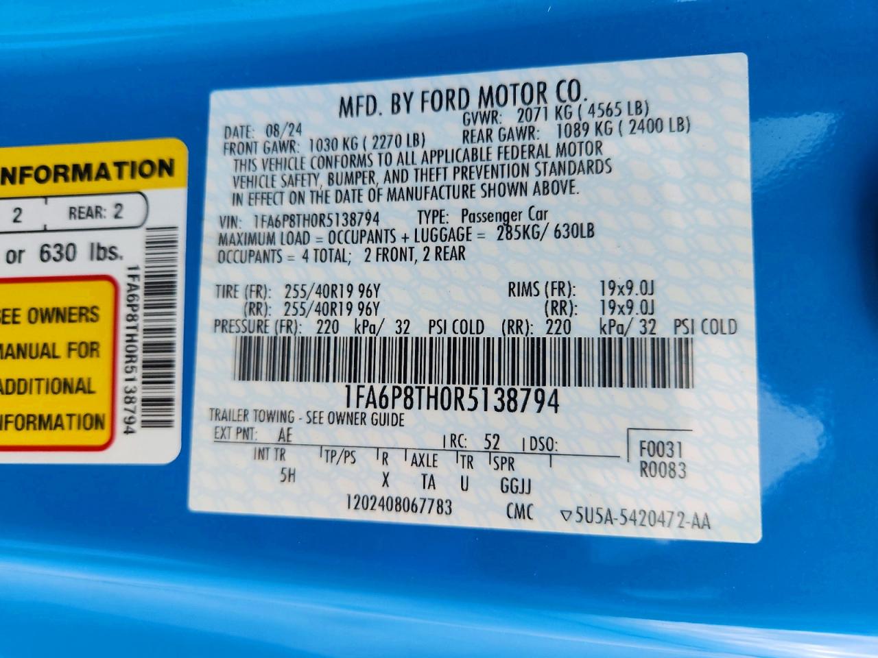 2024 Ford Mustang Blue vin: 1FA6P8TH0R5138794