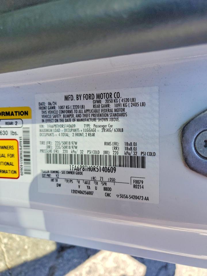 2024 Ford Mustang White vin: 1FA6P8TH0R5140609