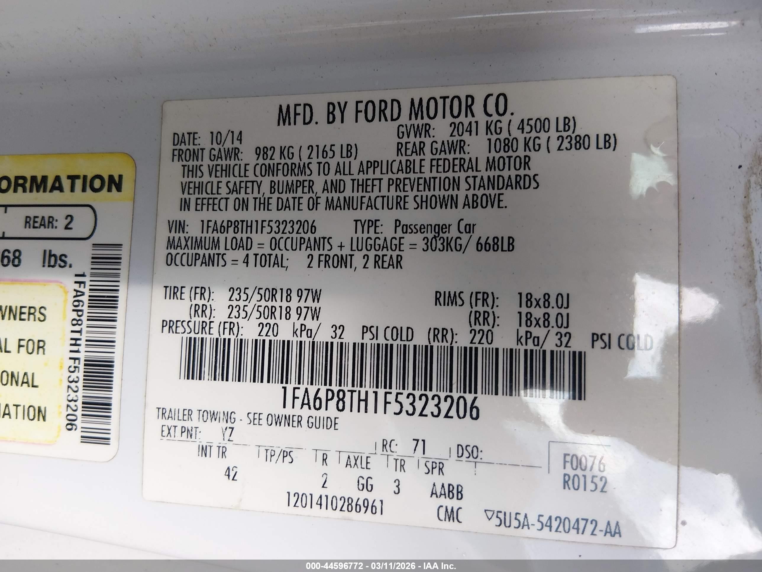 2015 Ford Mustang Ecoboost White vin: 1FA6P8TH1F5323206
