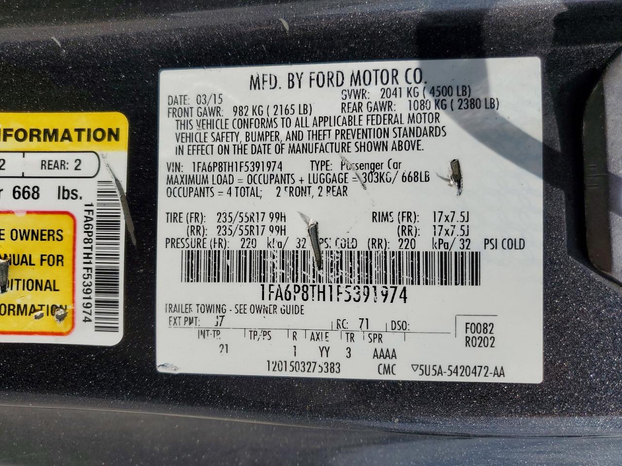 2015 Ford Mustang Gray vin: 1FA6P8TH1F5391974