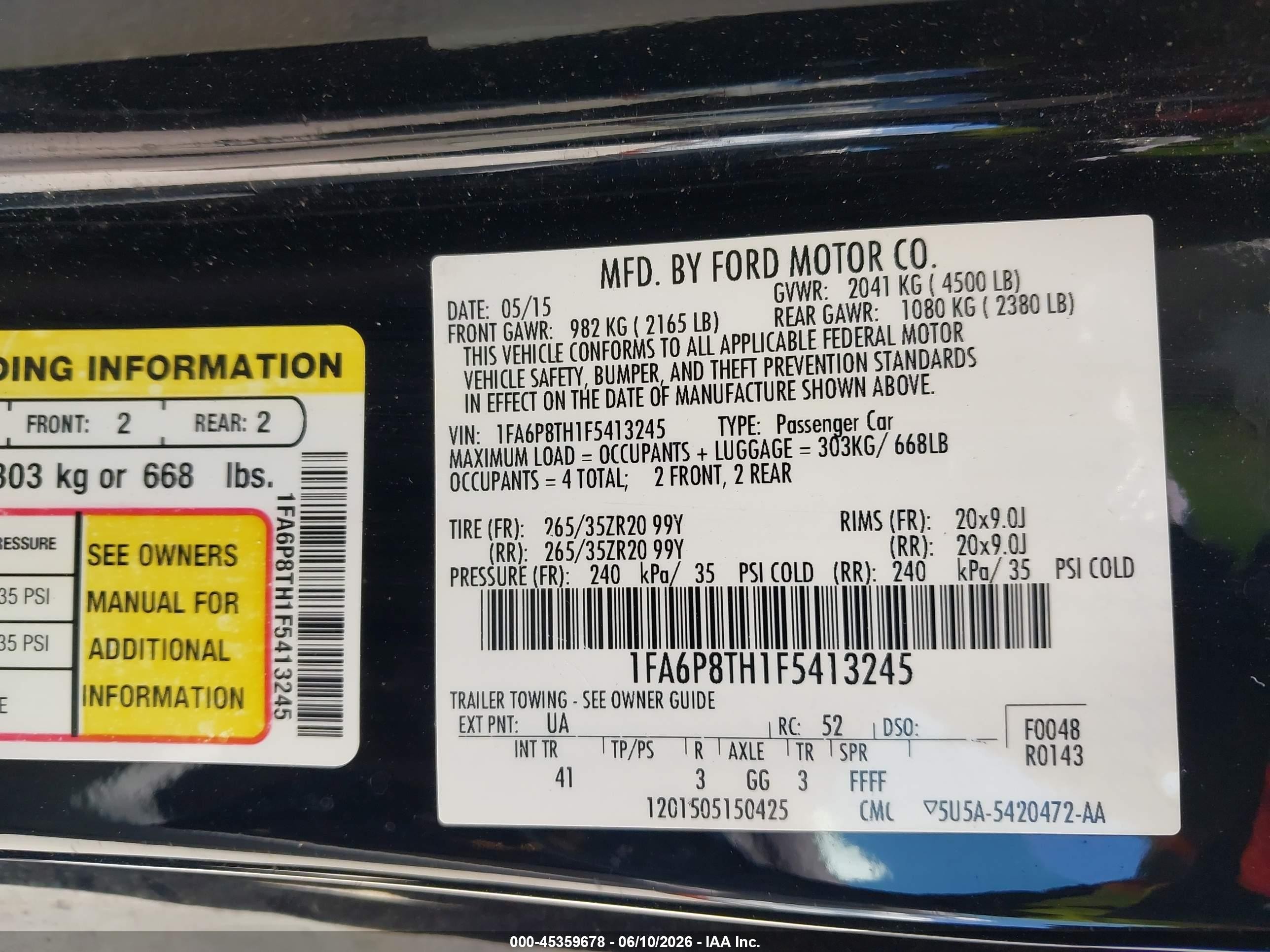 2015 Ford Mustang Ecoboost Black vin: 1FA6P8TH1F5413245