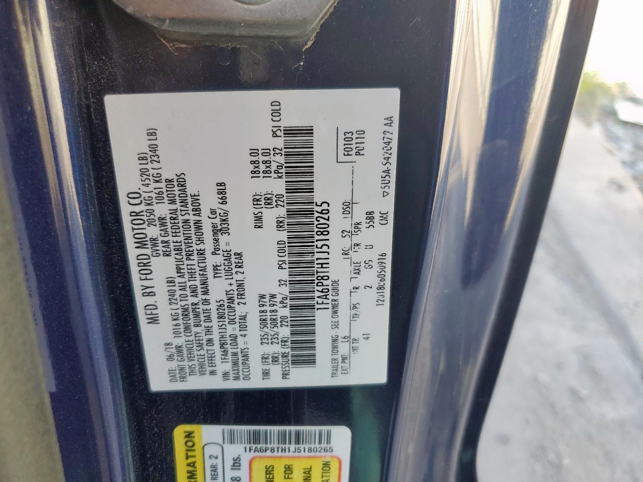 2018 Ford Mustang Blue vin: 1FA6P8TH1J5180265