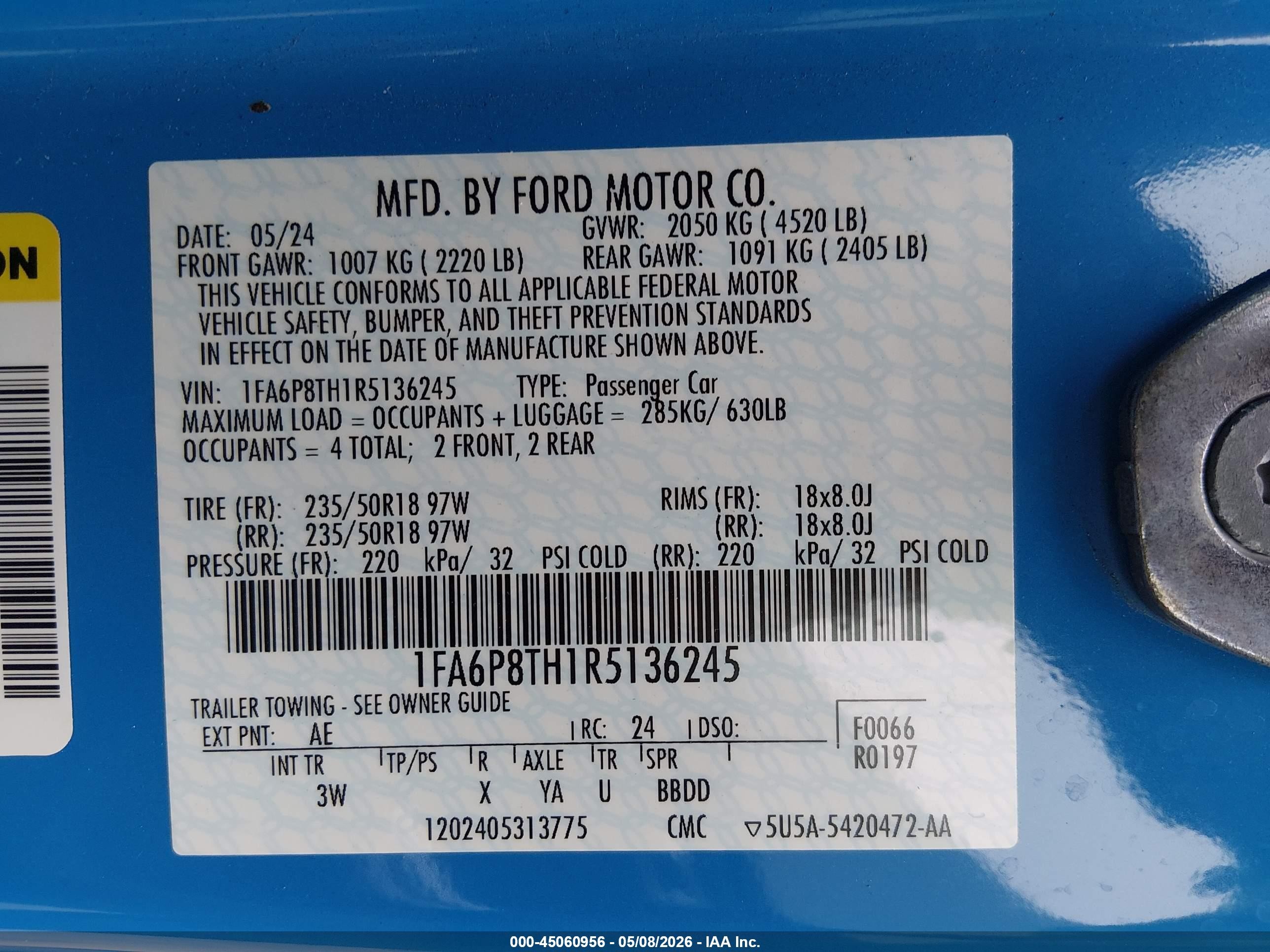 2024 Ford Mustang Ecoboost Premium Fastback Blue vin: 1FA6P8TH1R5136245