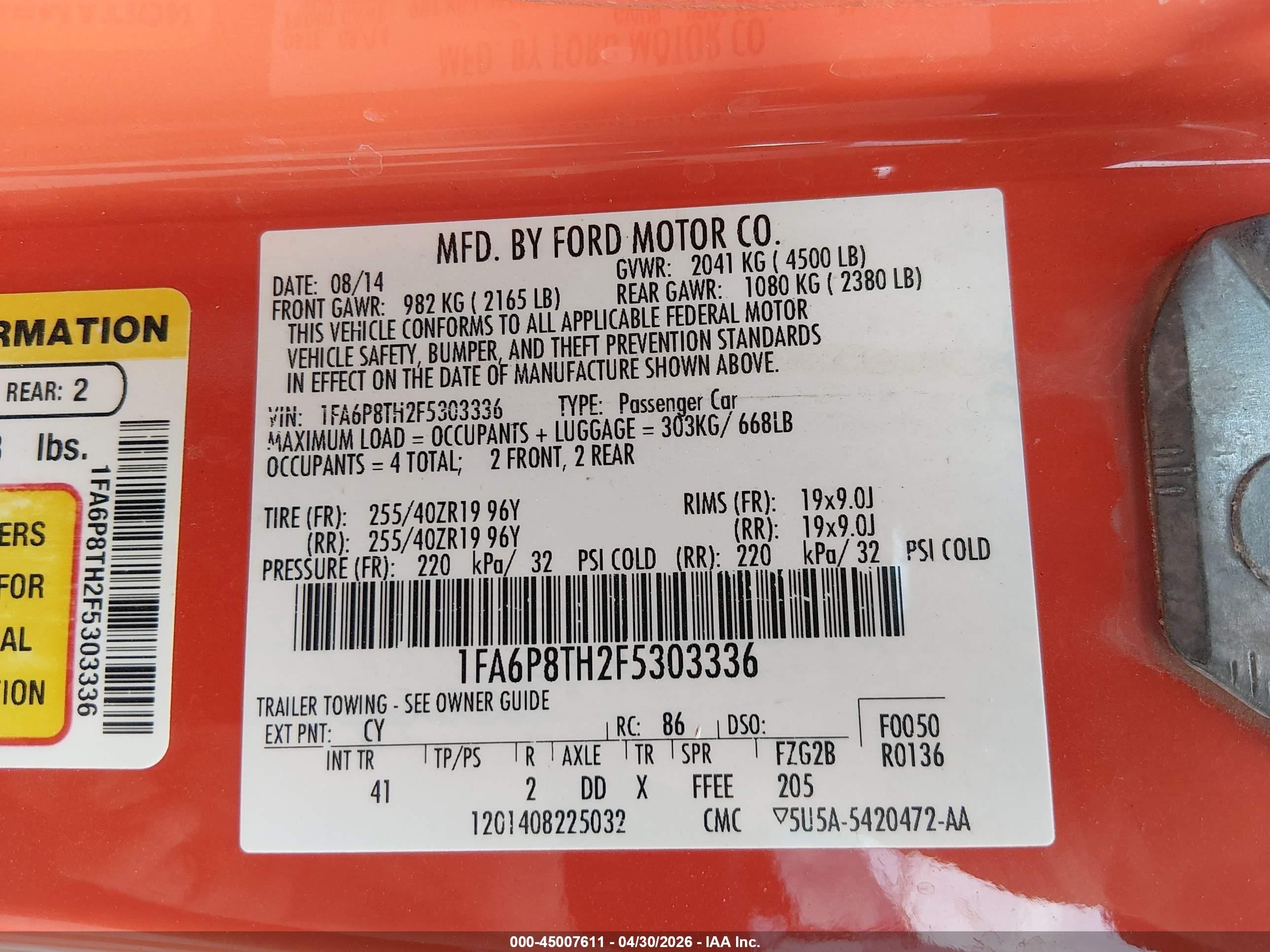 2015 Ford Mustang Ecoboost Orange vin: 1FA6P8TH2F5303336