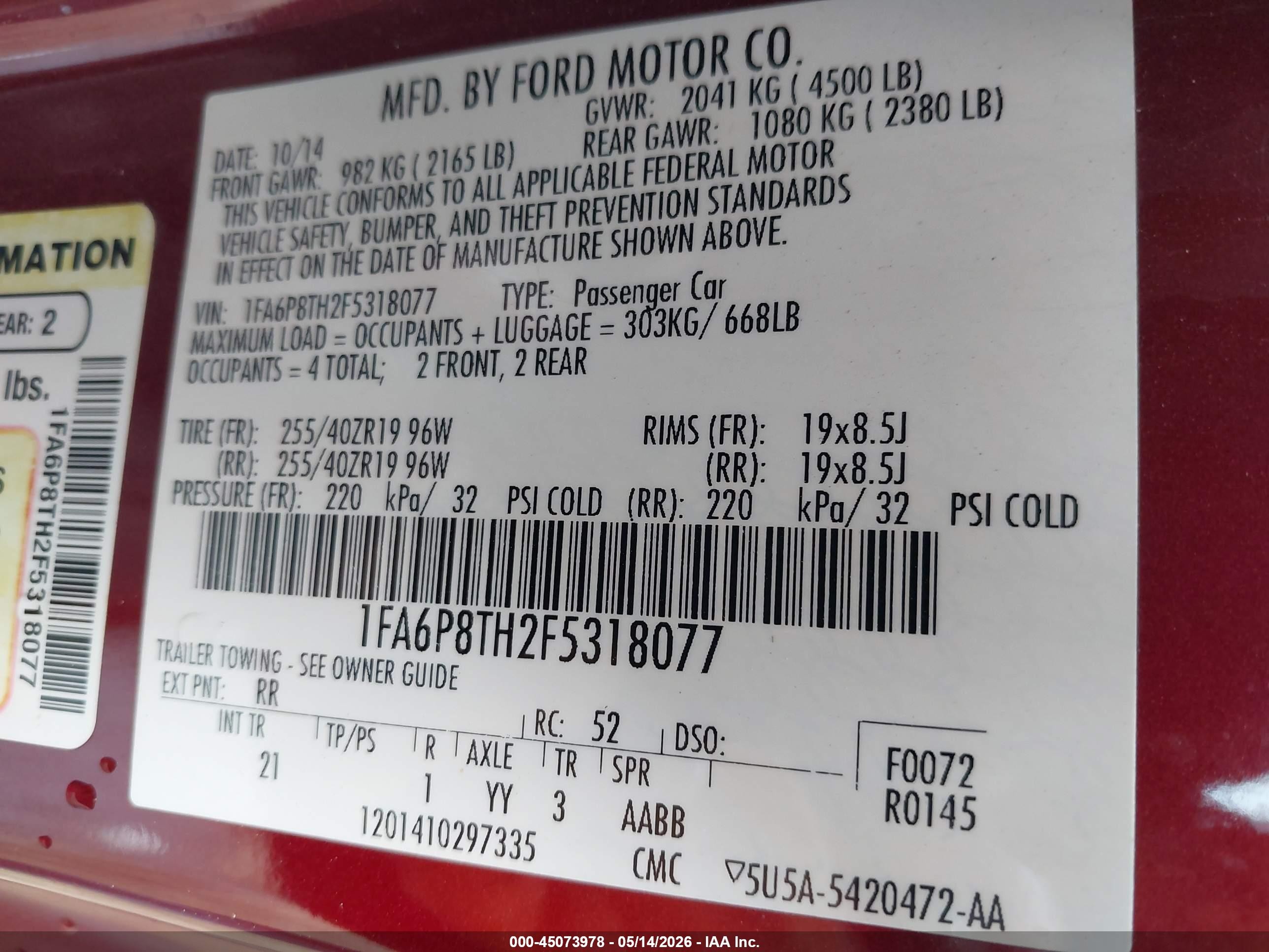 2015 Ford Mustang Ecoboost Красный vin: 1FA6P8TH2F5318077