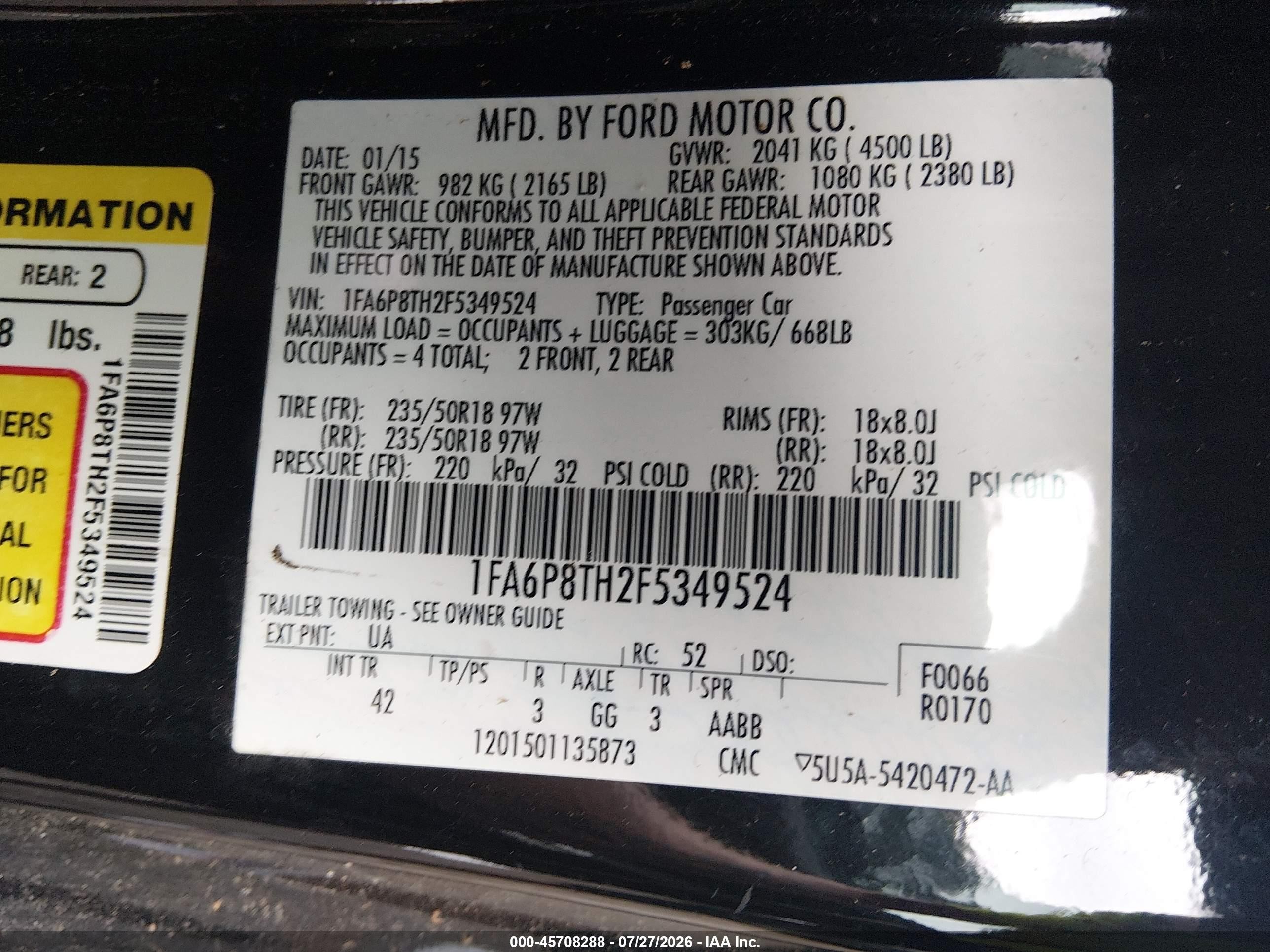 2015 Ford Mustang Ecoboost Черный vin: 1FA6P8TH2F5349524