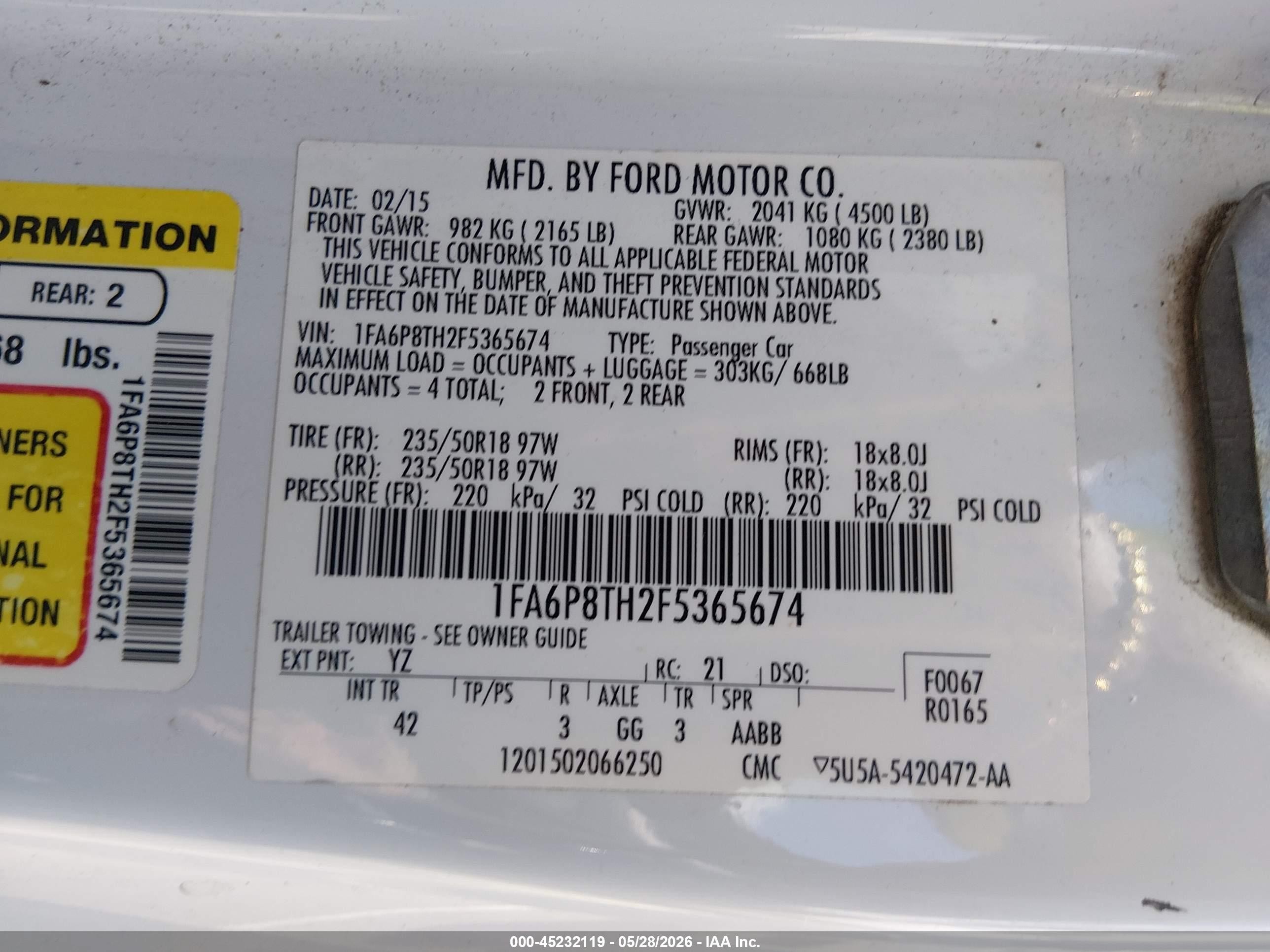 2015 Ford Mustang Ecoboost White vin: 1FA6P8TH2F5365674