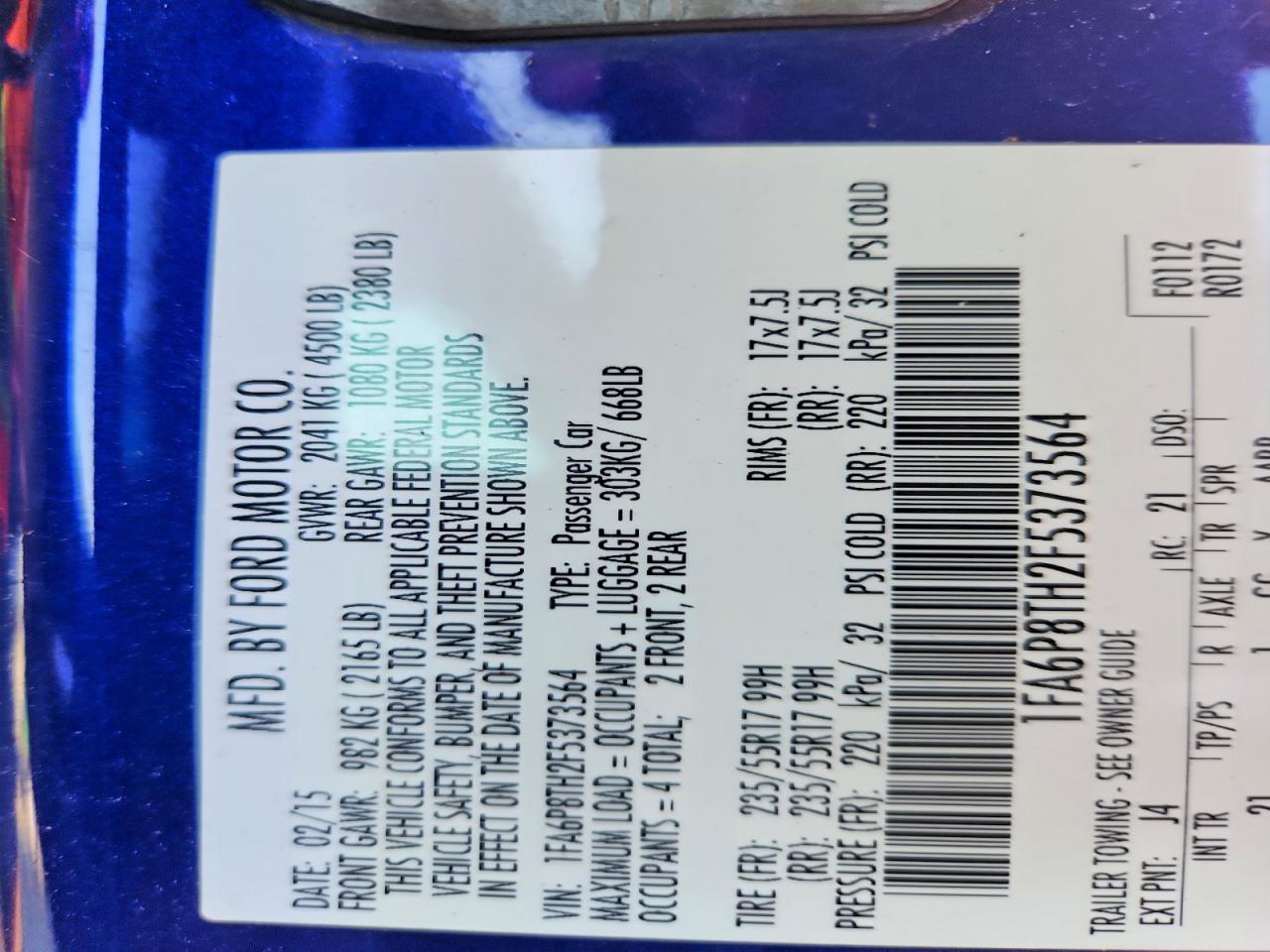2015 Ford Mustang Blue vin: 1FA6P8TH2F5373564