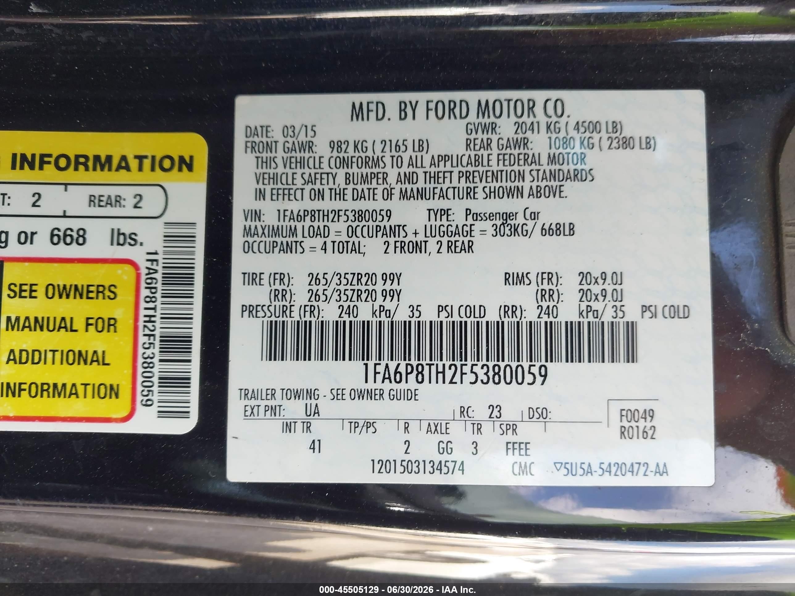 2015 Ford Mustang Ecoboost Black vin: 1FA6P8TH2F5380059