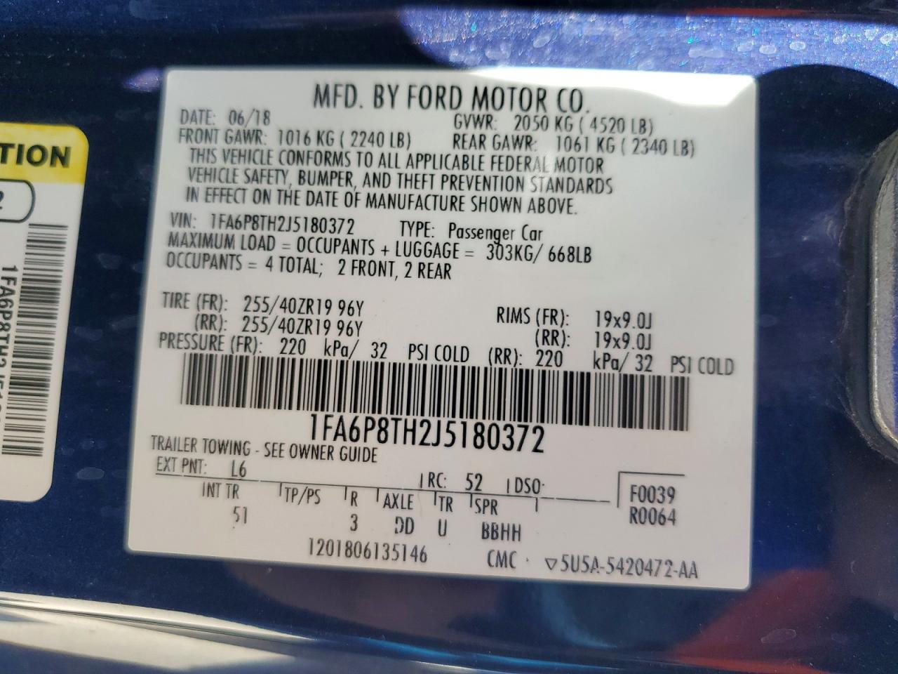 2018 Ford Mustang Blue vin: 1FA6P8TH2J5180372