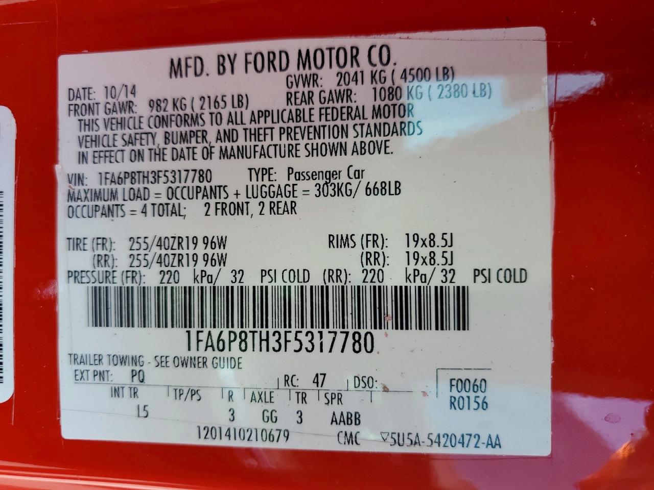 2015 Ford Mustang Red vin: 1FA6P8TH3F5317780