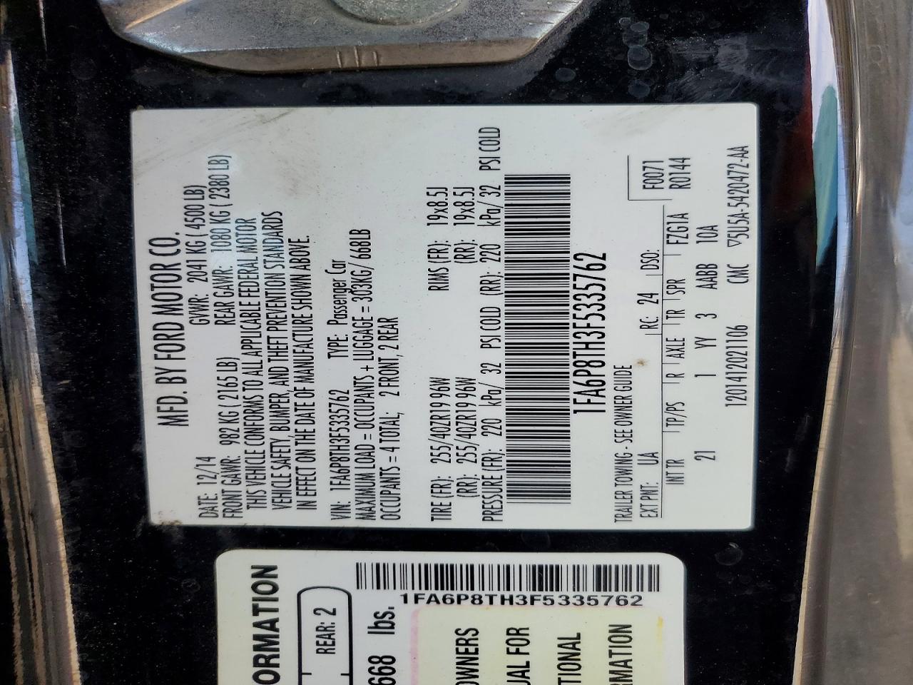 2015 Ford Mustang Black vin: 1FA6P8TH3F5335762