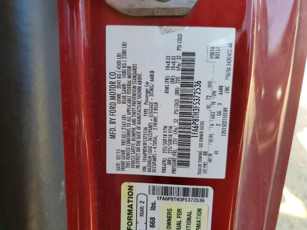 2015 Ford Mustang Burgundy vin: 1FA6P8TH3F5372536