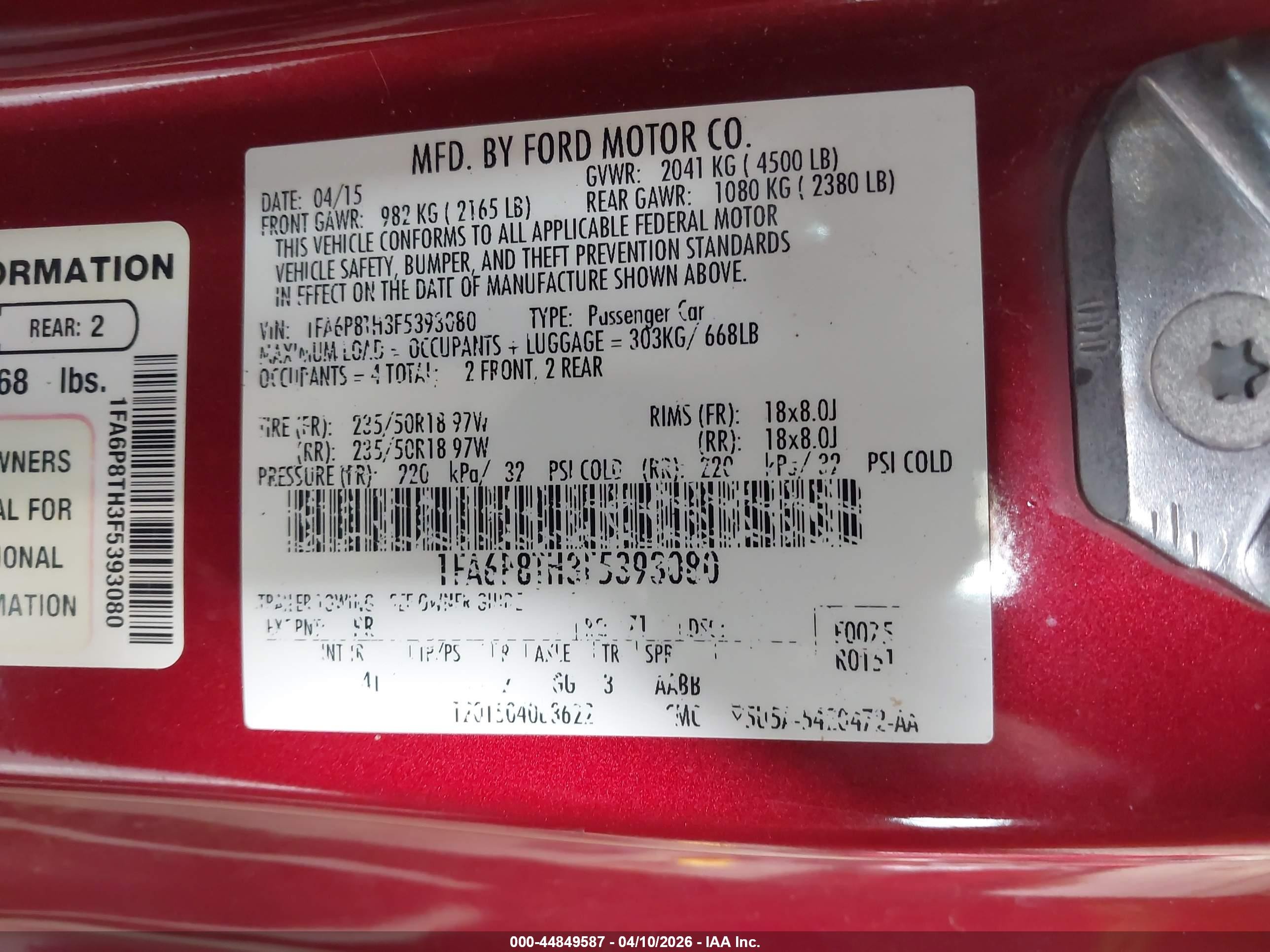 2015 Ford Mustang Ecoboost Красный vin: 1FA6P8TH3F5393080