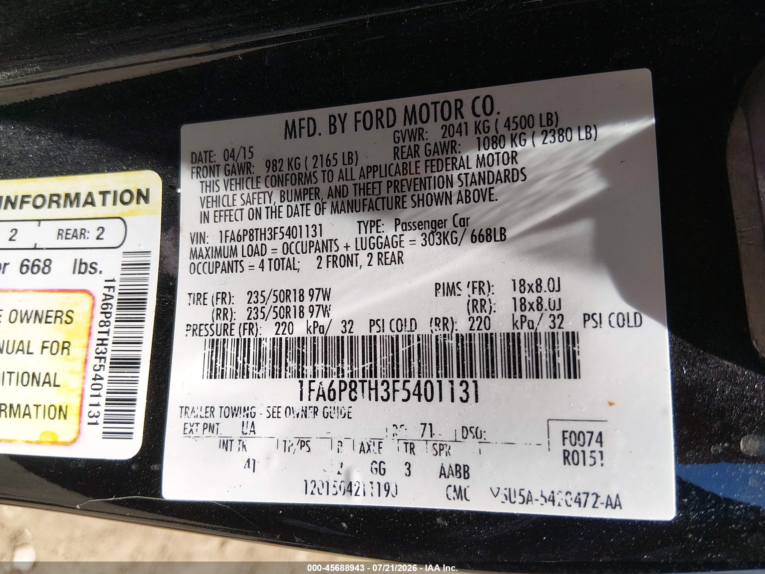 2015 Ford Mustang Ecoboost Black vin: 1FA6P8TH3F5401131