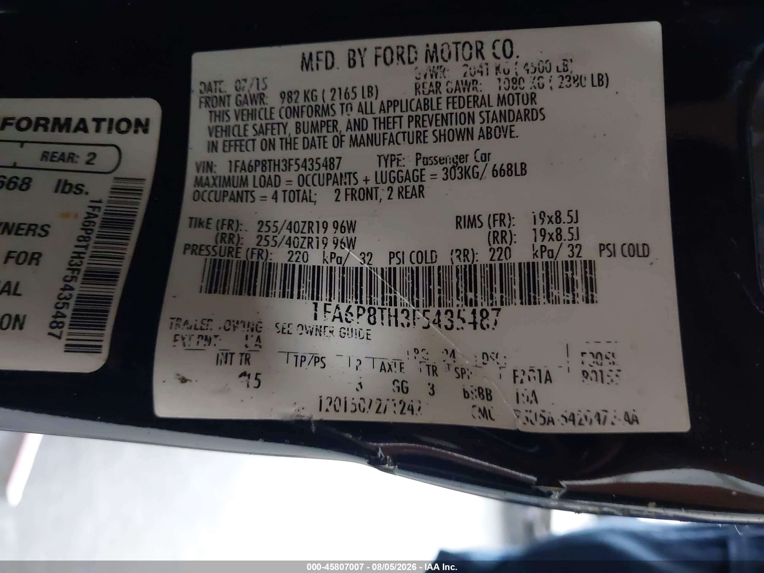 2015 Ford Mustang Ecoboost Black vin: 1FA6P8TH3F5435487