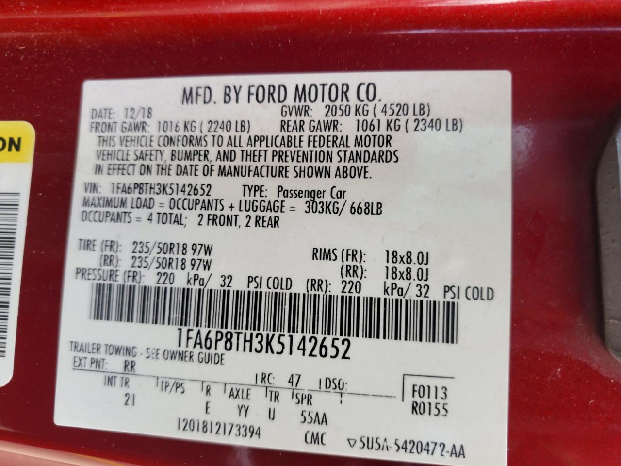 2019 Ford Mustang Burgundy vin: 1FA6P8TH3K5142652