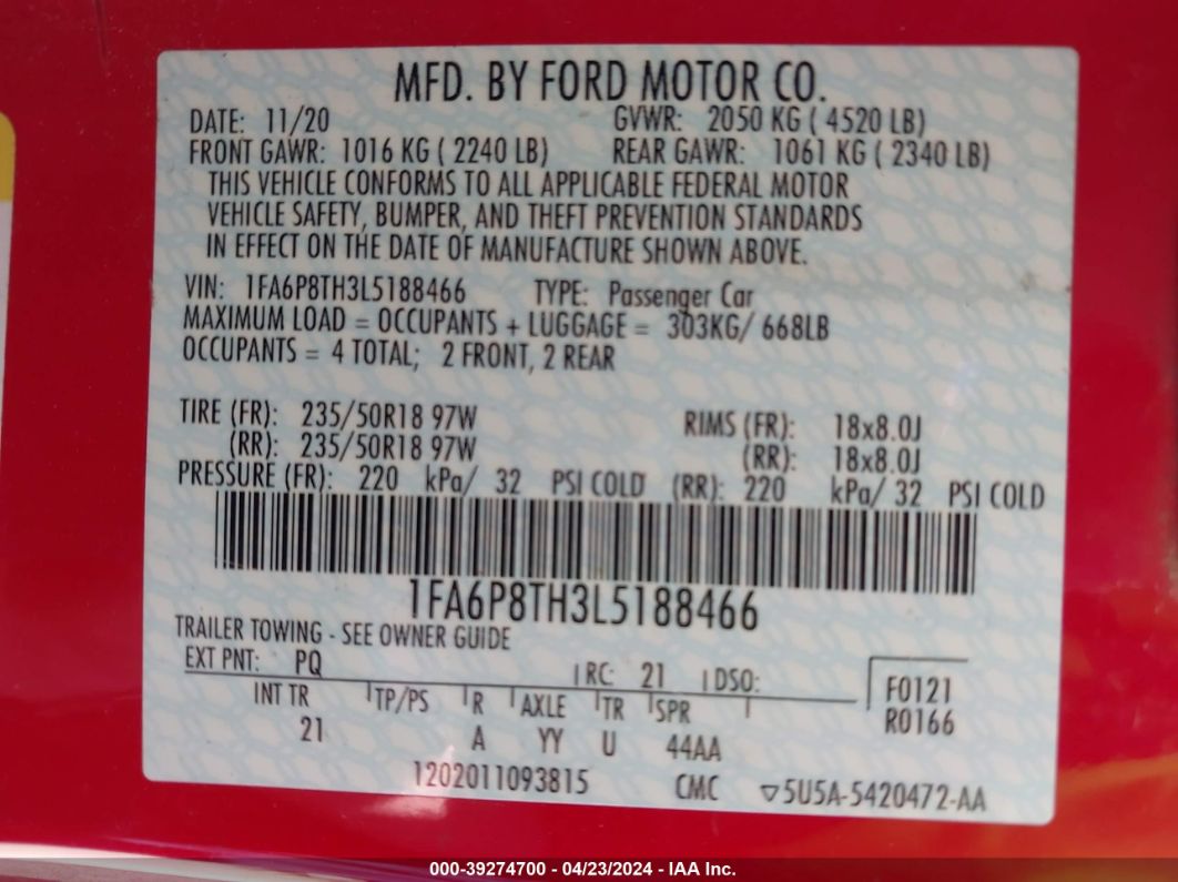 2020 Ford Mustang Ecoboost Fastback Red vin: 1FA6P8TH3L5188466