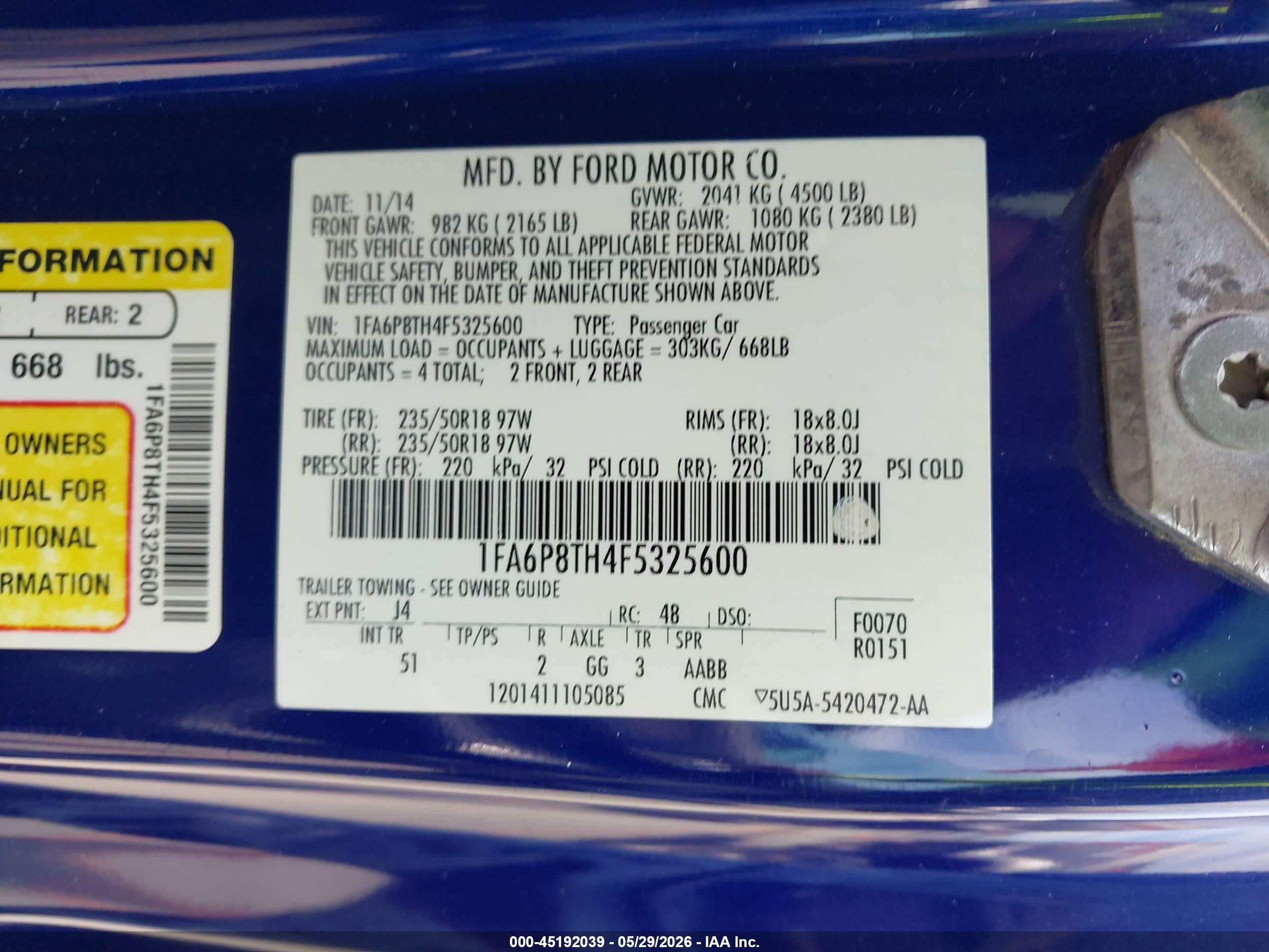 2015 Ford Mustang Ecoboost Blue vin: 1FA6P8TH4F5325600