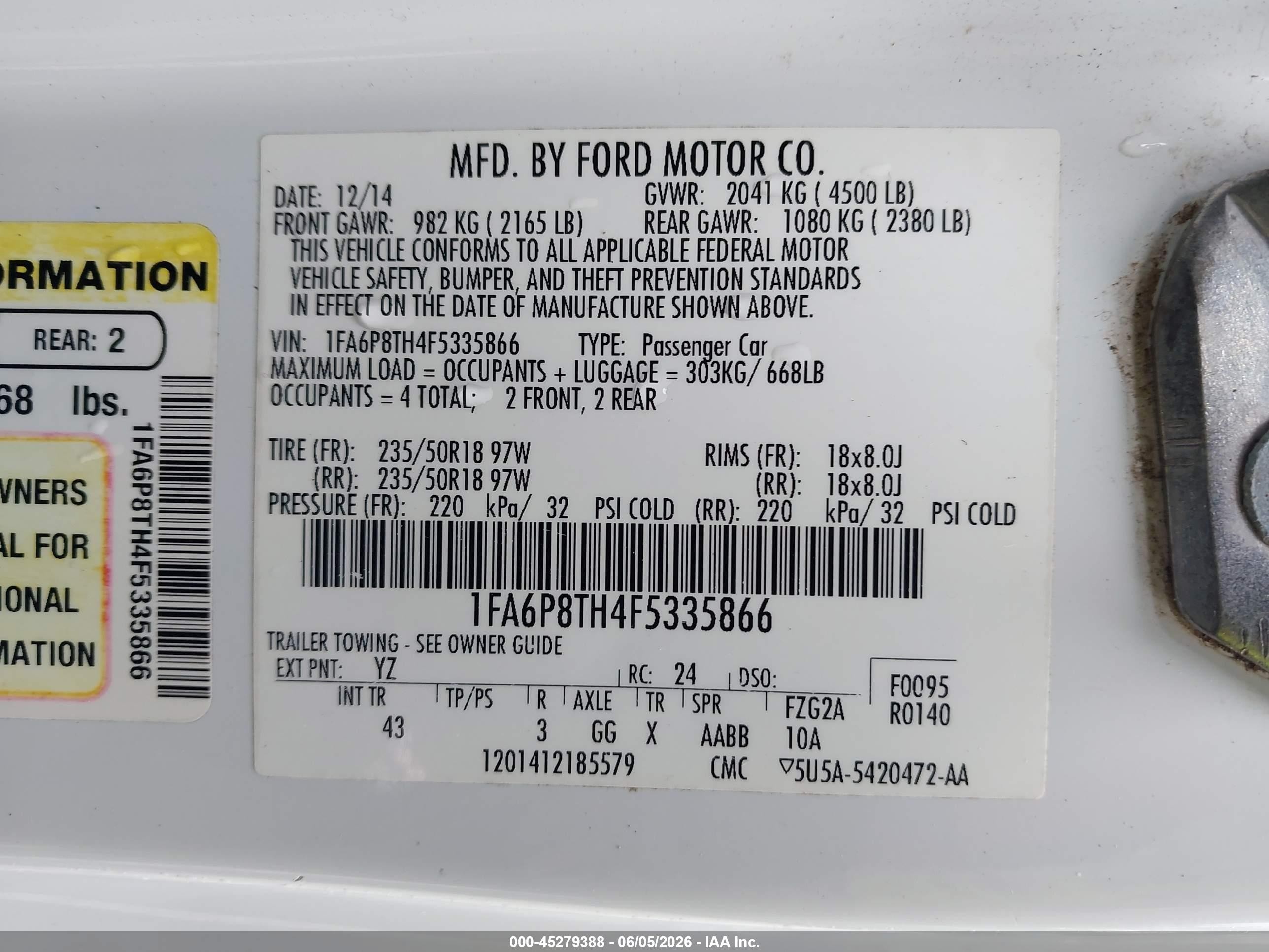 2015 Ford Mustang Ecoboost White vin: 1FA6P8TH4F5335866