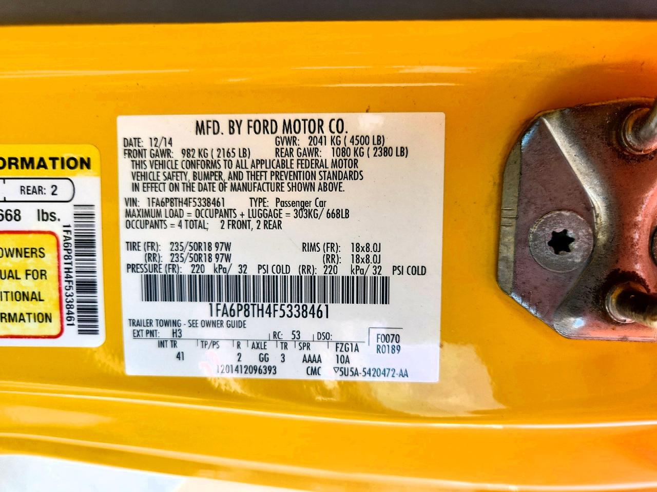 2015 Ford Mustang Yellow vin: 1FA6P8TH4F5338461