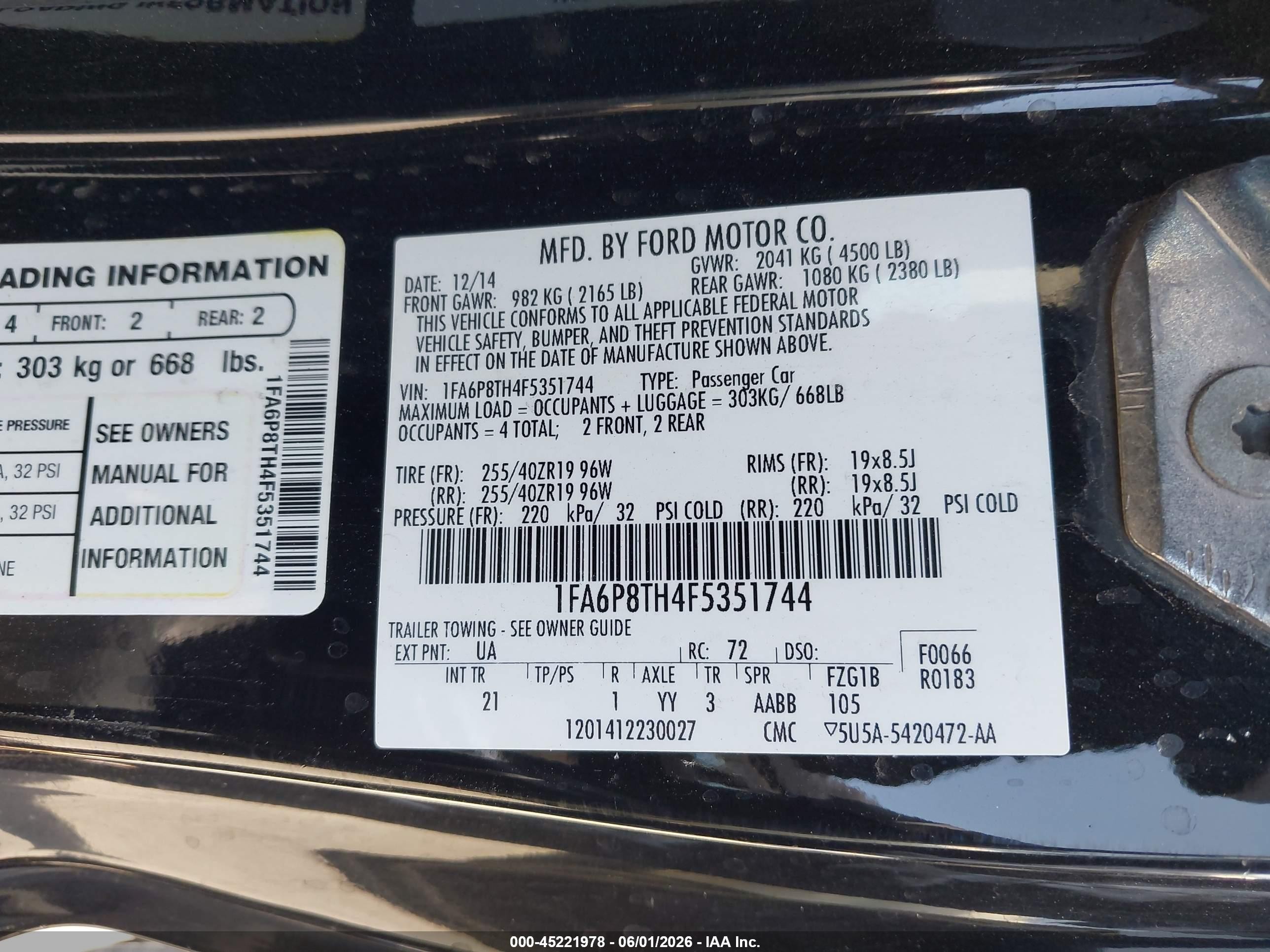2015 Ford Mustang Ecoboost Black vin: 1FA6P8TH4F5351744
