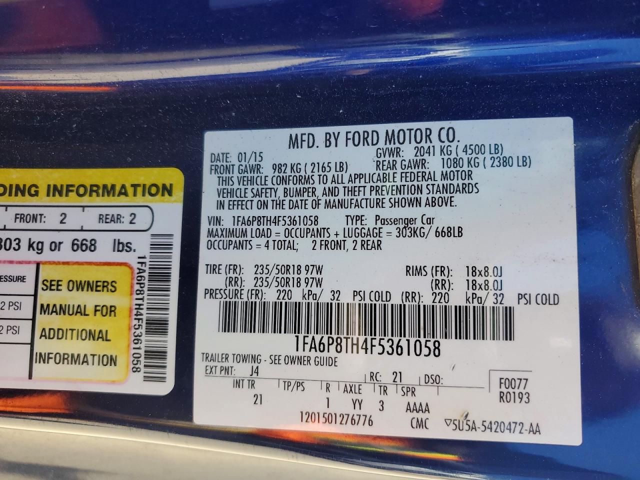 2015 Ford Mustang Blue vin: 1FA6P8TH4F5361058